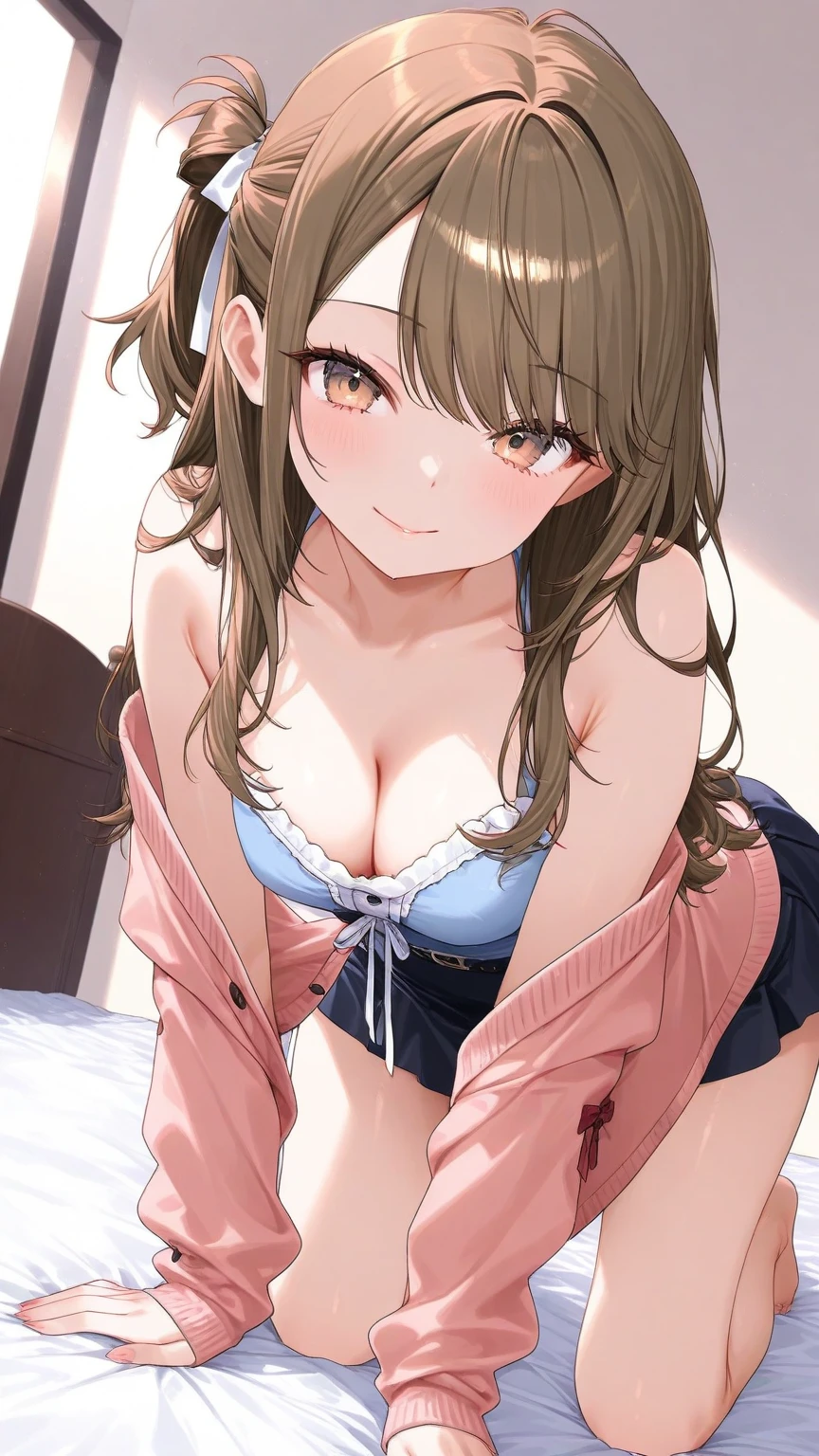 masterpiece, beautiful illustrations, highest quality, pretty girl, 1girl, Bedroom, pastel colour, (two-separated lingerie), cute lingerie, reddish brown long hair, headband, bright lighting, presenting, looking at viewer, on bed