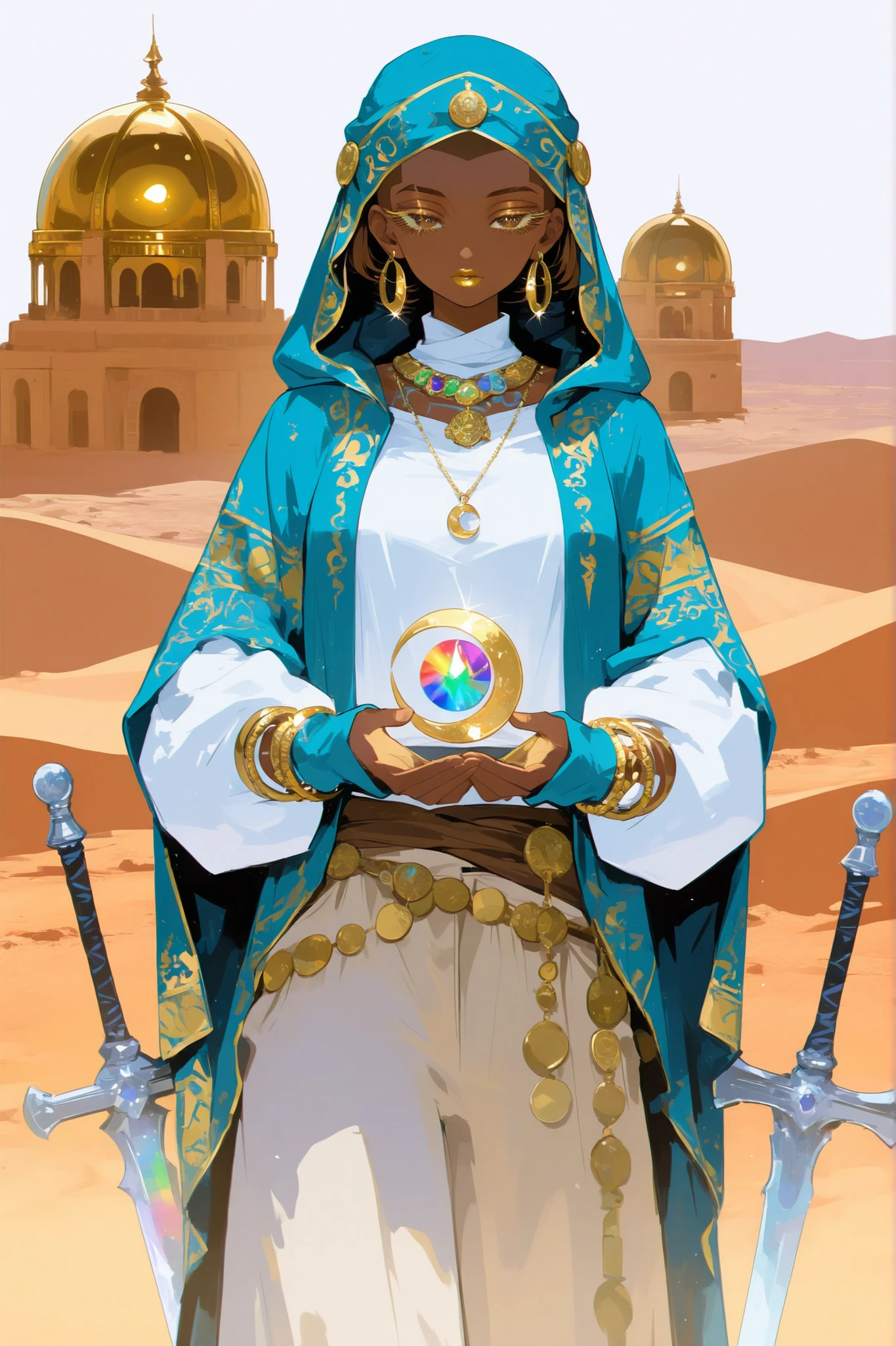 (0__11Xx_illu,duobaan,) The sorceress is a jeweler, a master of artifacts.  She has tanned dark skin covered with ornate blue tattoos. She has dark-brown shorty haircut ((boy's buzzcut)) with a copper sheen. She has golden lips, bronze eyes and long dramatic eyelashes. She wears a desert outfit :a white-yellow-brown sandy-shade loose-fitting shirt with long sleeves, loose-fitting trousers, over which she wears a sky-blue desert robe with hood, and a sky-blue turban with veil. She has golden crescent moon pendants with multicolored gems on her clothes.  She wears a set of gold bracelets on her wrists and has pendant hoop earrings. She holds a large crystal amulet with a rainbow stone in her hands. she has paired curved arabian swords. ((IN the background:A desert landscape in which stands an ivory Arab tower with a golden dome.))