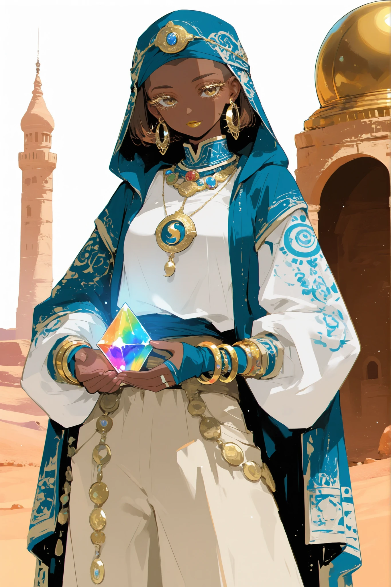 (0__11Xx_illu,duobaan,) The sorceress is a jeweler, a master of artifacts.  She has tanned dark skin covered with ornate blue tattoos. She has dark-brown shorty haircut ((boy's buzzcut)) with a copper sheen. She has golden lips, bronze eyes and long dramatic eyelashes. She wears a desert outfit :a white-yellow-brown sandy-shade loose-fitting shirt with long sleeves, loose-fitting trousers, over which she wears a sky-blue desert robe with hood, and a sky-blue turban with veil. She has golden crescent moon pendants with multicolored gems on her clothes.  She wears a set of gold bracelets on her wrists and has pendant hoop earrings. She holds a large crystal amulet with a rainbow stone in her hands. she has paired curved arabian swords. ((IN the background:A desert landscape in which stands an ivory Arab tower with a golden dome.))