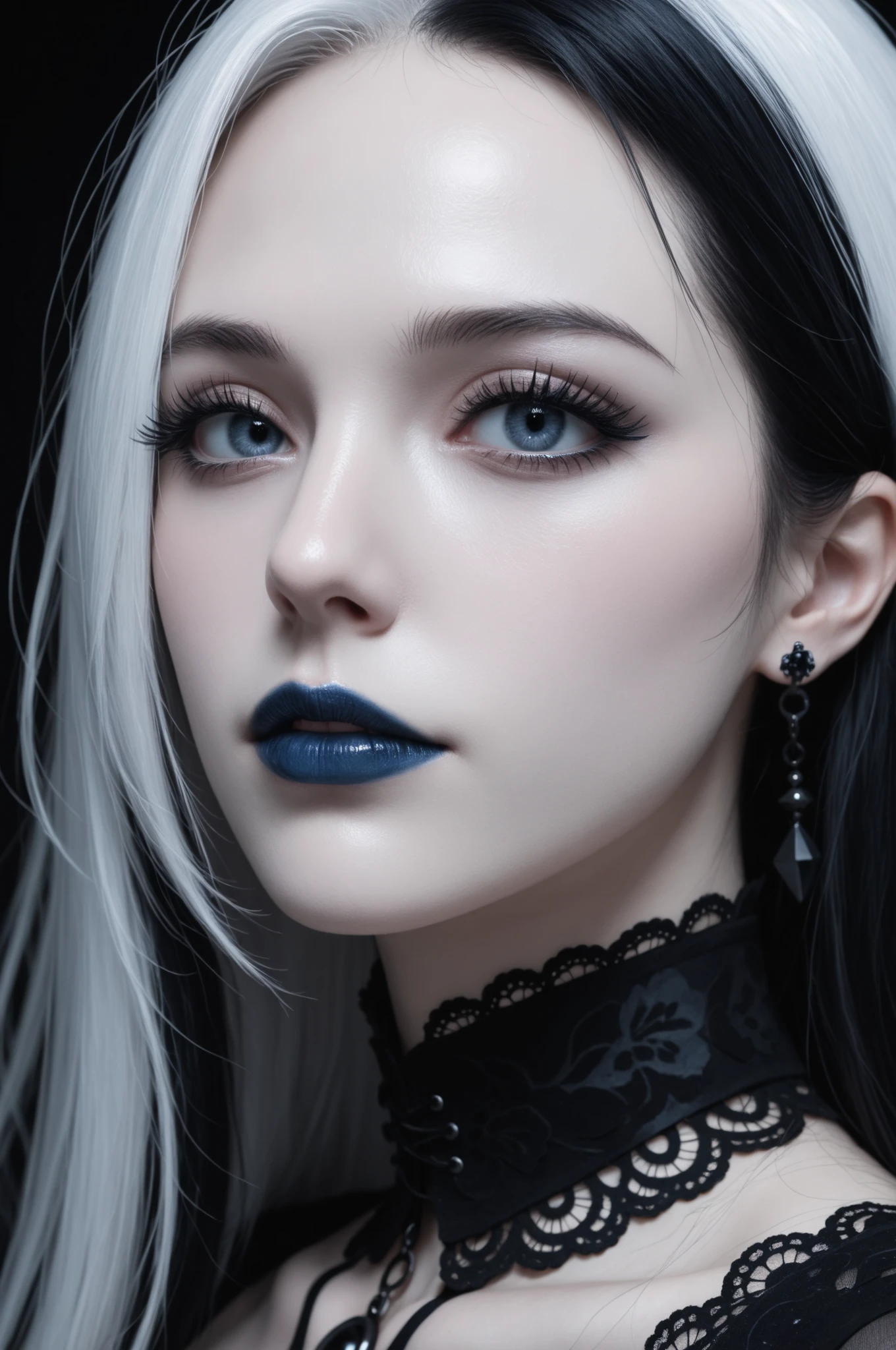 1girl, looking at viewer, close-up, split-color hair, blue hair, white hair, long eyelashes, goth girl, dark theme, moonlight, partially illuminated, pale skin, dark theme, blue lipstick