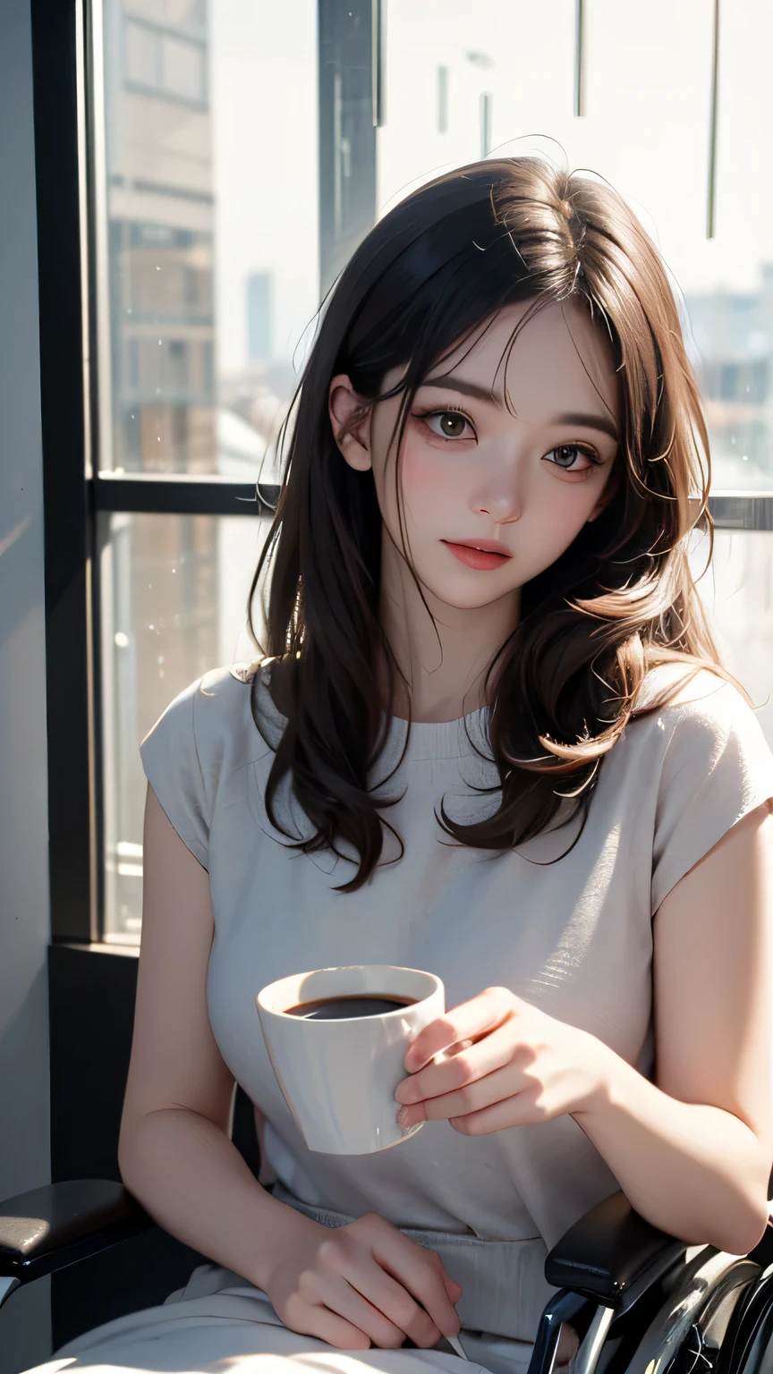 una mujer con buen cuerpo alta con cabello ondulado cerquillo color del cabello un cafe medio claro con dos broches uno de estrella y el otro con conforma de luna los dos broches del lado izquiero con cara tipo diamante ojos de asia color miel con ropa de la policia de nueva york mirando de costado feliz con un lunar cerca del ojo derecho