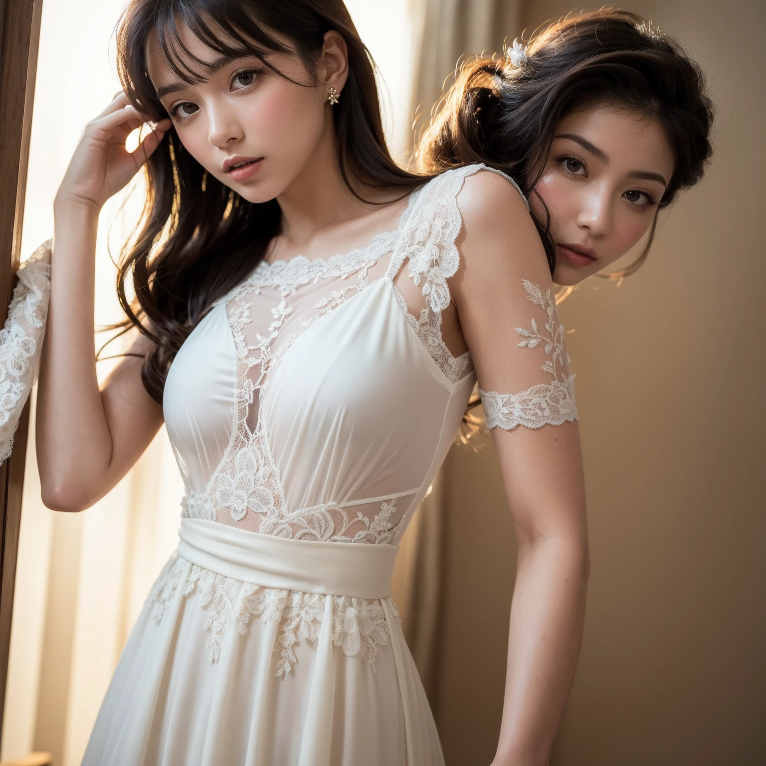 girlvn03, photographed on a Nikon Z7 II Mirrorless Camera,120mm F/4 wide-angle
best quality, masterpiece, ultra detailed, cowboy shot, flowing, 3dmm, ink sketch, color ink, ink rendering, octane render, pastels, rice paper, 1girl, beautiful detailed eyes, (alternate hairstyle), ultra detailed hair, graceful, (charming), (delicate), pretty, cute, lace dress, character in the center of the frame, rhythm, fantasy, looking at viewer, xxmix girl,sexy,  , messy hair, unbuttoned shirt, breasts
