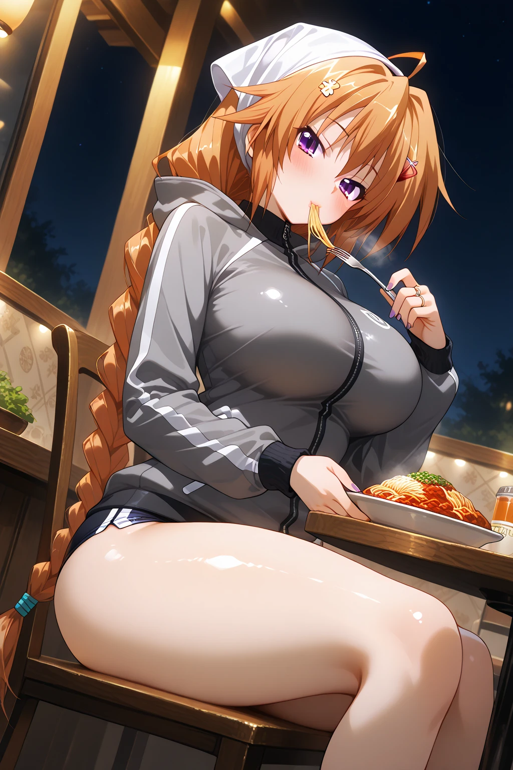 woman, orange hair, large breasts, t-shirt, nipples, thick legs, pub, sitting on chair, beer mug in right hand, smiling, red face, joyful, innocent, toast, drunk, no bra, legs apart to show genitals, sexual, masturbation, two men's penises, fellatio