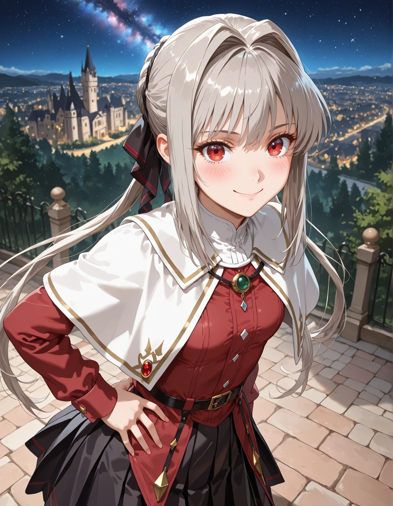 1girl, solo, smile, looking at viewer, blurry background, from above, hand on own hips, smile, blush, ((Lynne, lynneburg clays, long hair, red eyes, twintails, grey hair, hair intakes, hair ribbon, capelet, white capelet, dress, red dress, long sleeves, skirt, black skirt, pleated skirt , small breasts )), outdoors, street, Dutch angle to the side, looking at viewer, smile, landscape,castle, cityscape, outdoors, nature, night, starry sky, galaxy