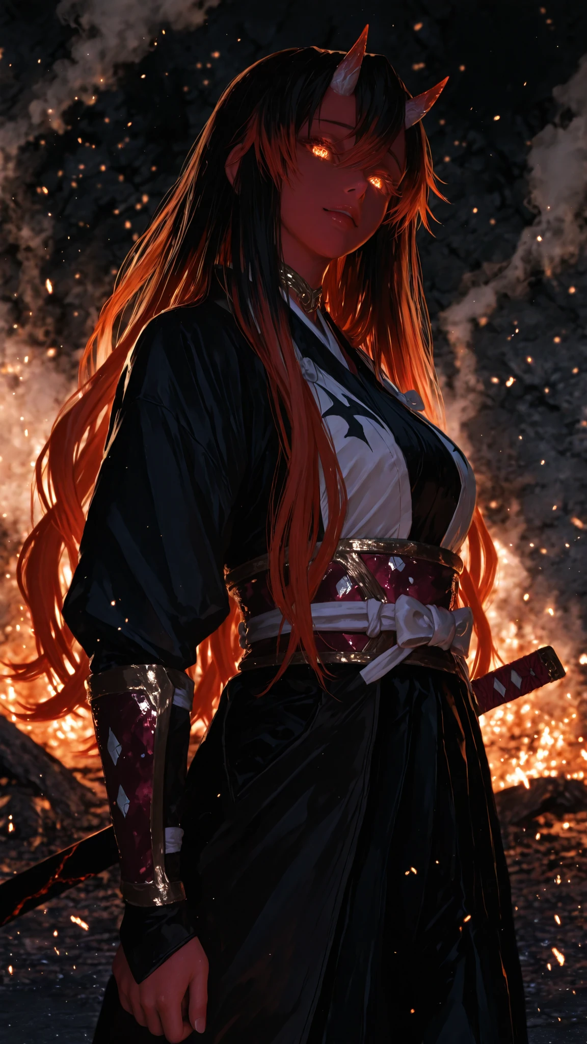 Ultra-realistic 4K anime-style photograph of a beautiful female demon inspired by Kimetsu no Yaiba, with glowing demonic eyes, small curved horns, and elegant battle attire combining traditional Japanese fabrics and modern armor details. She stands in a dramatic pose surrounded by swirling magical energy, smoke, and embers. The lighting is cinematic, with warm highlights and deep shadows, creating a powerful, mysterious atmosphere.
The background shows a detailed ruined environment with stone textures and soft mist — no signs, no symbols, no text anywhere.
Highly detailed, ultra-HD, perfect for wallpaper, HDR lighting, realistic skin, flowing hair, fine anime aesthetic, vivid depth of field, 3D depth, dynamic composition, masterpiece.