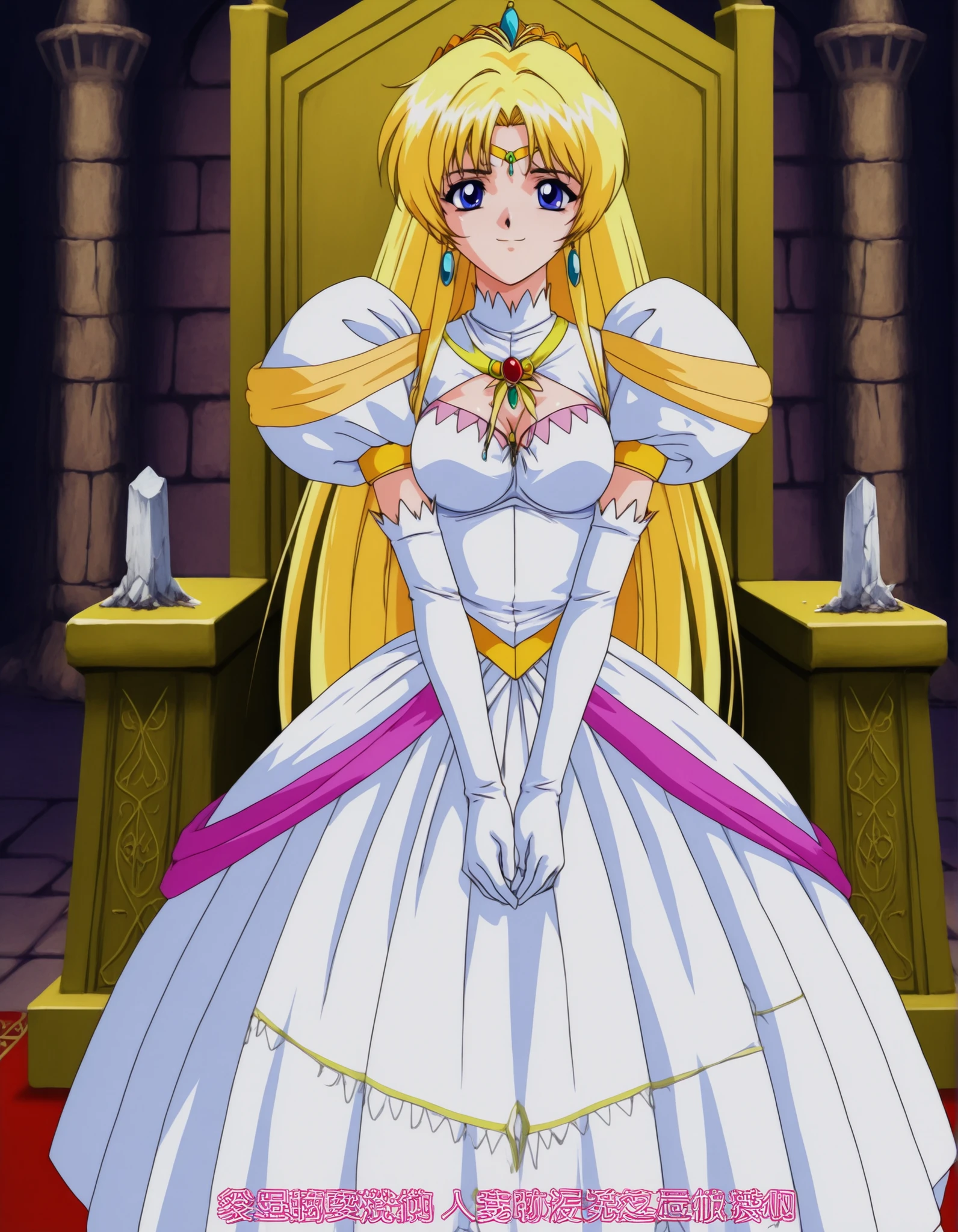 score_9, score_8_up, score_7_up,anime_screenshot,OFFICIAL ART,anime coloring, official anime artwork, screencap, anime screencap,uncensored,retro artstyle,1990s_\(style\), ,BREAK,1girl,solo,mai_npprincess,very_long_hair,blonde_hair,blue_eyes,
,BREAK,circlet,earrings,princess,white_dress,cleavage cutout,elbow_gloves,white_gloves,BREAK,small smile,BREAK, standing,v-arms,BREAK,cowboy shot,fantasy world,indoor,castle,throne room