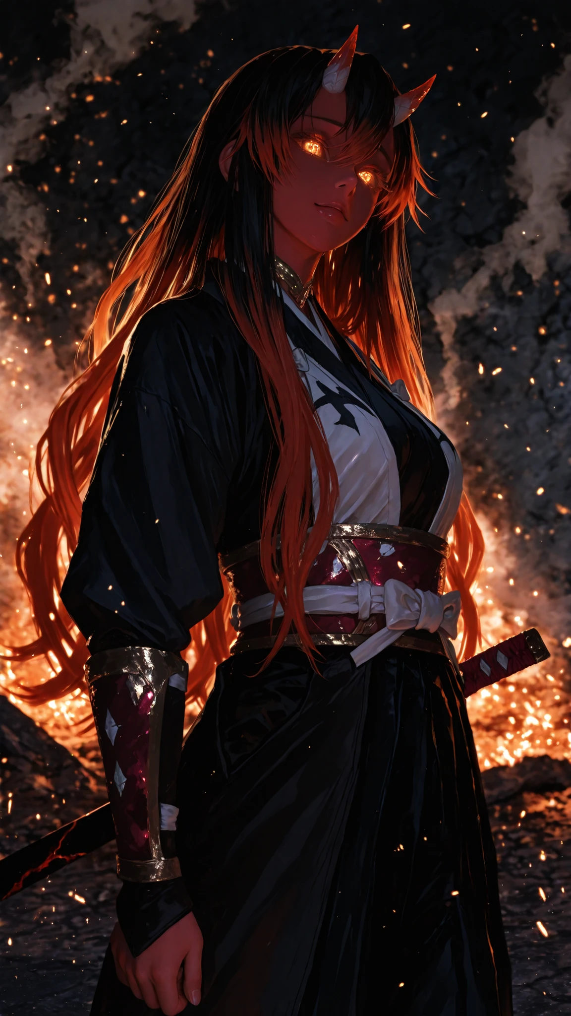 Ultra-realistic 4K anime-style photograph of a beautiful female demon inspired by Kimetsu no Yaiba, with glowing demonic eyes, small curved horns, and elegant battle attire combining traditional Japanese fabrics and modern armor details. She stands in a dramatic pose surrounded by swirling magical energy, smoke, and embers. The lighting is cinematic, with warm highlights and deep shadows, creating a powerful, mysterious atmosphere.
The background shows a detailed ruined environment with stone textures and soft mist — no signs, no symbols, no text anywhere.
Highly detailed, ultra-HD, perfect for wallpaper, HDR lighting, realistic skin, flowing hair, fine anime aesthetic, vivid depth of field, 3D depth, dynamic composition, masterpiece.