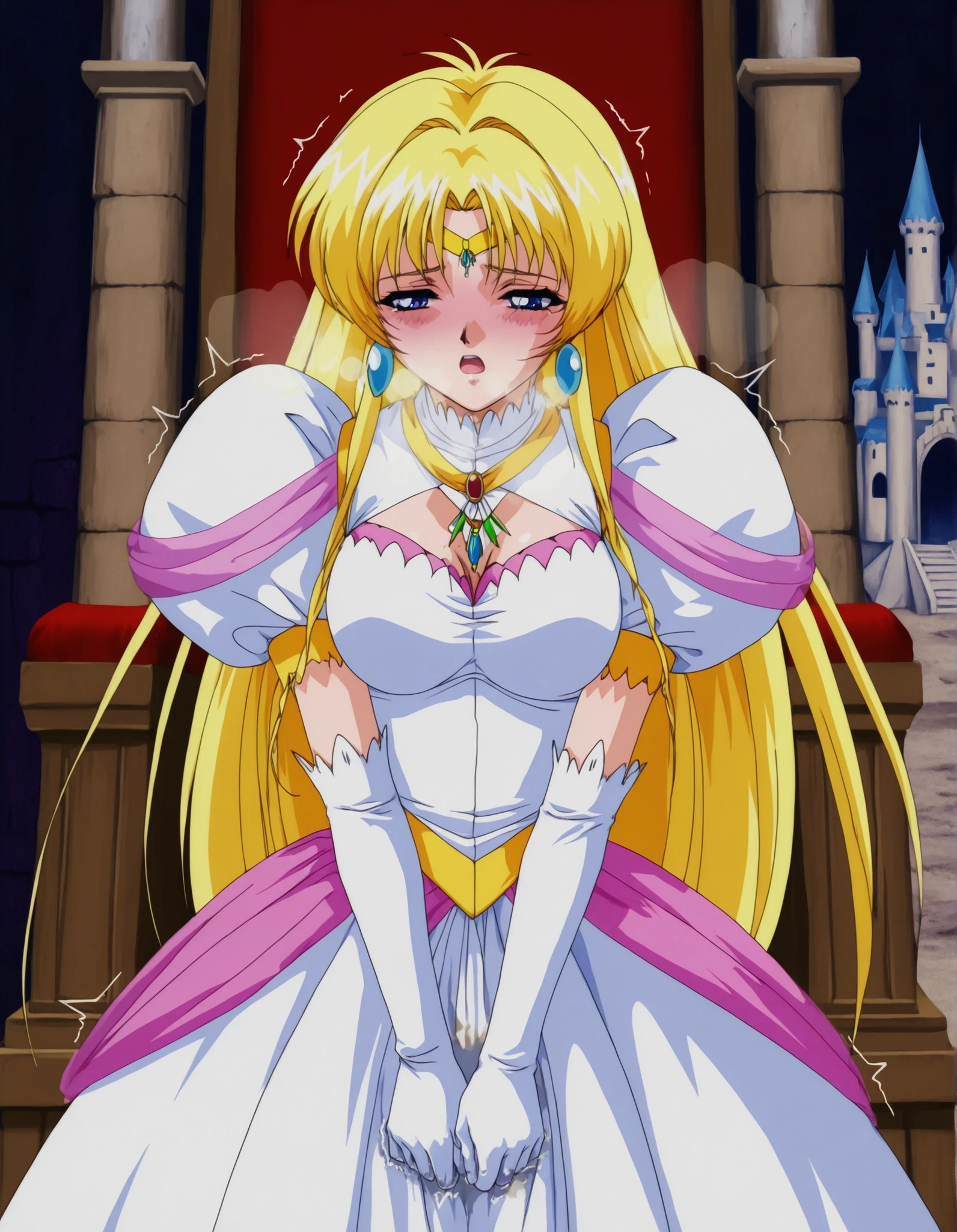 score_9, score_8_up, score_7_up,anime_screenshot,OFFICIAL ART,anime coloring, official anime artwork, screencap, anime screencap,uncensored,retro artstyle,1990s_\(style\), ,BREAK,1girl,solo,mai_npprincess,very_long_hair,blonde_hair,blue_eyes,
,BREAK,circlet,earrings,princess,white_dress,cleavage cutout,elbow_gloves,white_gloves,BREAK,blush,breath,orgasm,(in heat,aroused:1.5),(trembling:1.3),,BREAK, standing,v-arms,BREAK,cowboy shot,fantasy world,indoor,castle,throne room