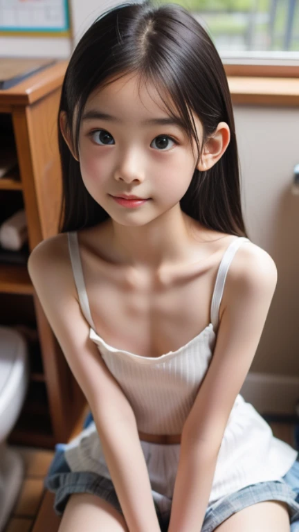 
(masterpiece, highest quality:1.4), award-winning portraits, 8K, 85mm, alone, beautiful face, delicate girl, violaces, gardenia, grace, Sophisticated, cute, teen, looking at the viewer, 15 years old, Raw photo, disorganized, HDR, sharp focus, background bokeh、(((flat 、thin and delicate body、A childish atmosphere、basement)))、Her shiny semi-long hair is tied up、swaying hair、Mole on the left cheek、large, round, dark blue eyes、full body、random pose、Junior idol、Nogizaka Idol、mole under eye、sexy、naked、topless