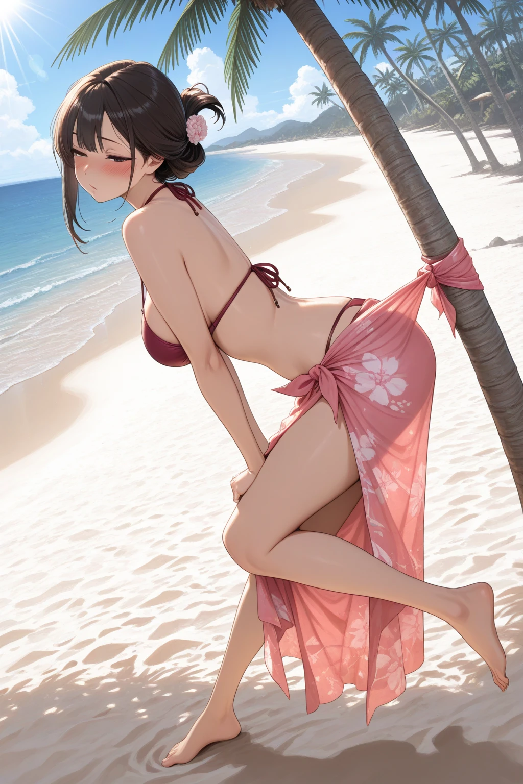 masterpiece, High resolution, perfect face, beauty of japan, 30 years old, beautiful face, beach, light purple bikini, embarrassed look, look at the camera, top quality eyes, detailed texture, look at me, little, Married woman, cool women, high resolution eyes, black hair, ass
