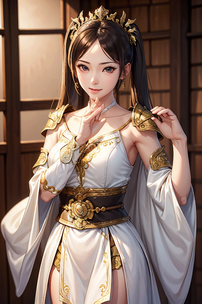 A woman in a white and gold outfit posing on a boat - SeaArt AI