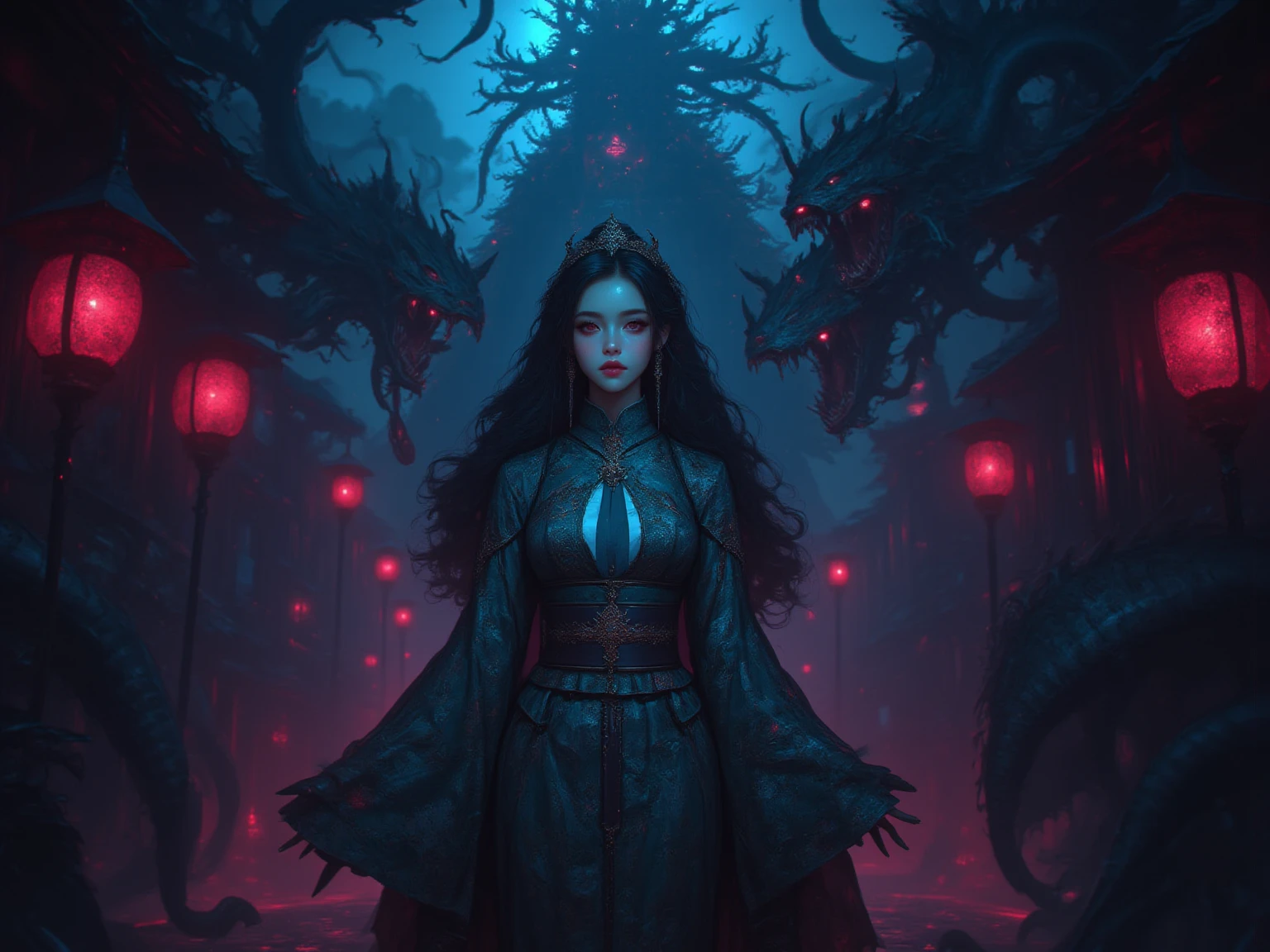 White Spirit_darkly，A girl made up of black smoke，1个Giant ?????? Girl，realisticlying,actual,photography of,tmasterpiece,Best quality at best,ultra - detailed,1个Giant ?????? Girl,full bodyesbian,Chinese architecture,burial site,Haunted house Chinese architecture,burial site,a haunted house,chinese lanterns,terror,Dark theme,monster boy,monstergirl,System,silver sword,Sinophobia,terror,(The subject),the night,Have on the street,