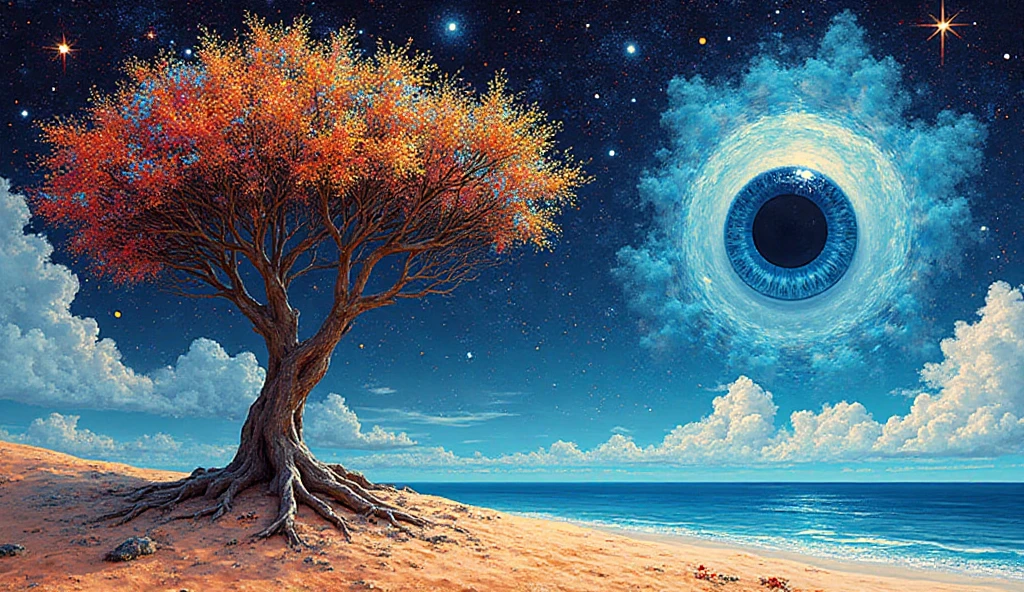 pristine beach at night with a bioluminescent and crystalline sea, viewed from a high vantage point. Sky: Majestic swirling galaxy forming a giant, detailed eye with vibrant colors reflecting on the water below. Bioluminescent and crystal-clear, with small waves crashing onto the sandy beach. Vivid reflections of the cosmic eye and starry sky on the water's surface. Intricate details in the waves' glow. Blonde woman with long flowing hair, wearing a floating,  resembling swirling patterns of Aurora Borealis. She stands in contemplation. Bioluminescent waves crashing onto a sandy beach at night, enchanting scene with vivid colors and gentle movement, A mesmerizing scene unfolds before your eyes as you gaze upon a hypnotic eye blending into a star-studded sky, dotted with nebulae and cosmic dust. intricate details in the waves' glow and shoreline, dreamy surrealism captured with high-resolution quality, cinematic aesthetic, raw capture of the ethereal moment with a touch of fantasy, beachscape illuminated in an otherworldly light, painterly tones and brush strokes in an oil painting style, shot with a Fujifilm XT3 and Plaubel Makina
