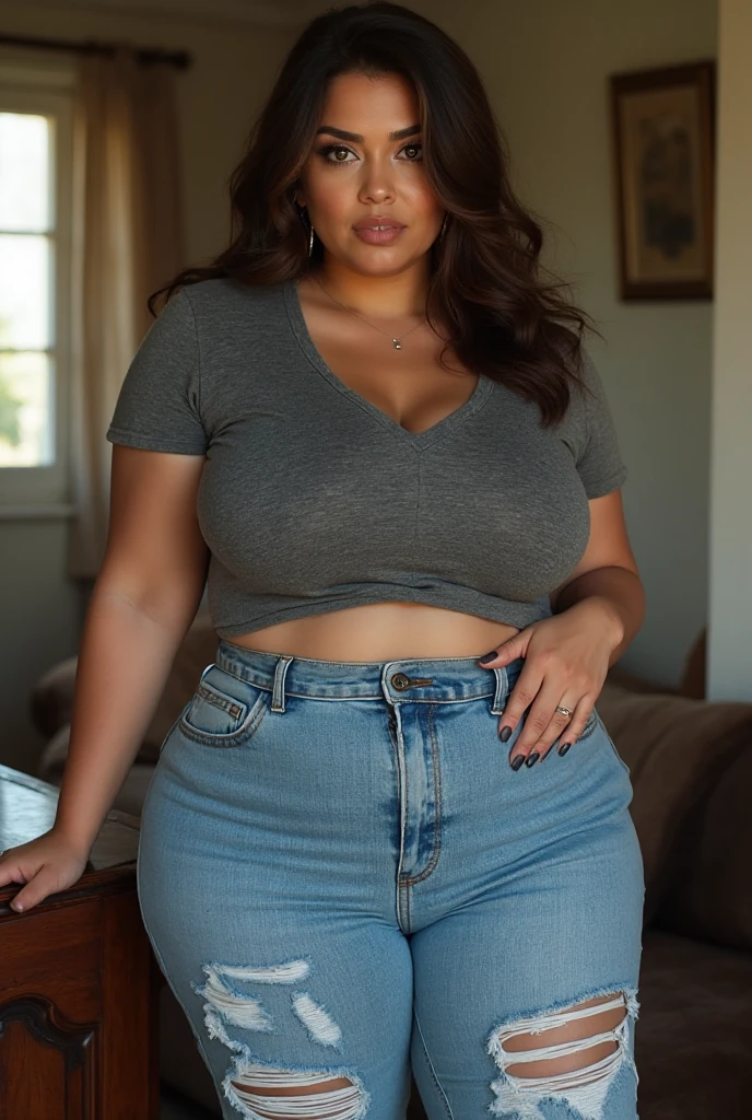 a beautiful 50-year-old Latin woman, dressed in casual clothing, with a beautiful and voluptuous body, the clothes she wears outline and highlight her body, tight jeans