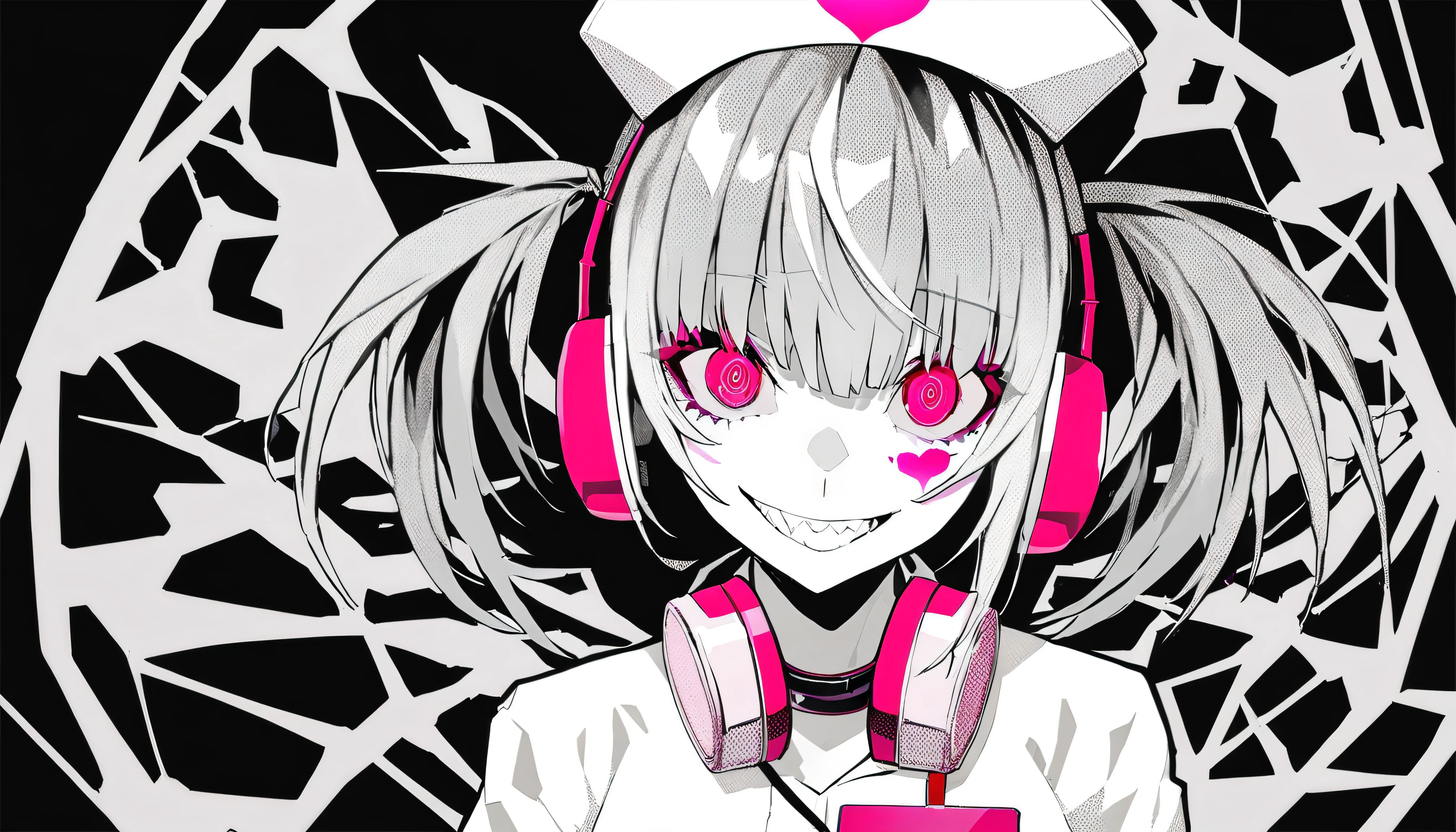  ((Background、pink cracked heart、Infusion))、masterpiece, Highest Quality, ((1 girl：The arrangement is centered)),((Background、pink cracked heart、Infusion))、Spikes, ((solo)), headphones , Crazy smile, , spiked Color, Illness、monochrome, 色つきのheadphones around neck,yandere, Black background, Color, watching viewers, bare shoulder, Glowing Pink Eyes, bandage、（hairstyle：long、unkempt）Nurse hat、nurse costume