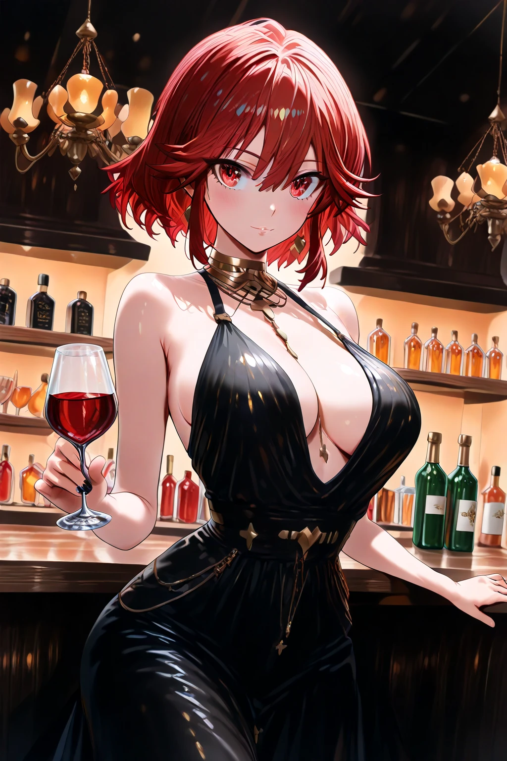 1girl,solo,cute,big breast,cleavage,red long hair,red eyes,drink a cocktail,hold a glass,sashimi on the table,in bub,at night