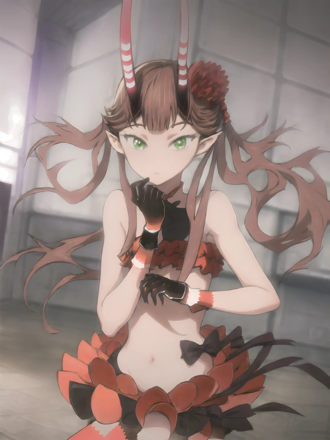 anime screencap, masterpiece, best quality,
<lora:C-Control_Mashu_IlluXL:0.9>,
1girl, solo, open mouth, light smile,
twintails, brown hair, blunt bangs, green eyes, pointy ears, horns, hair flower,
MashuC, red choker, strapless, red tube top, frilled skirt, red skirt, red gloves, red thighhighs,
jumping, outstretched arms, looking at viewer,
multicolored background