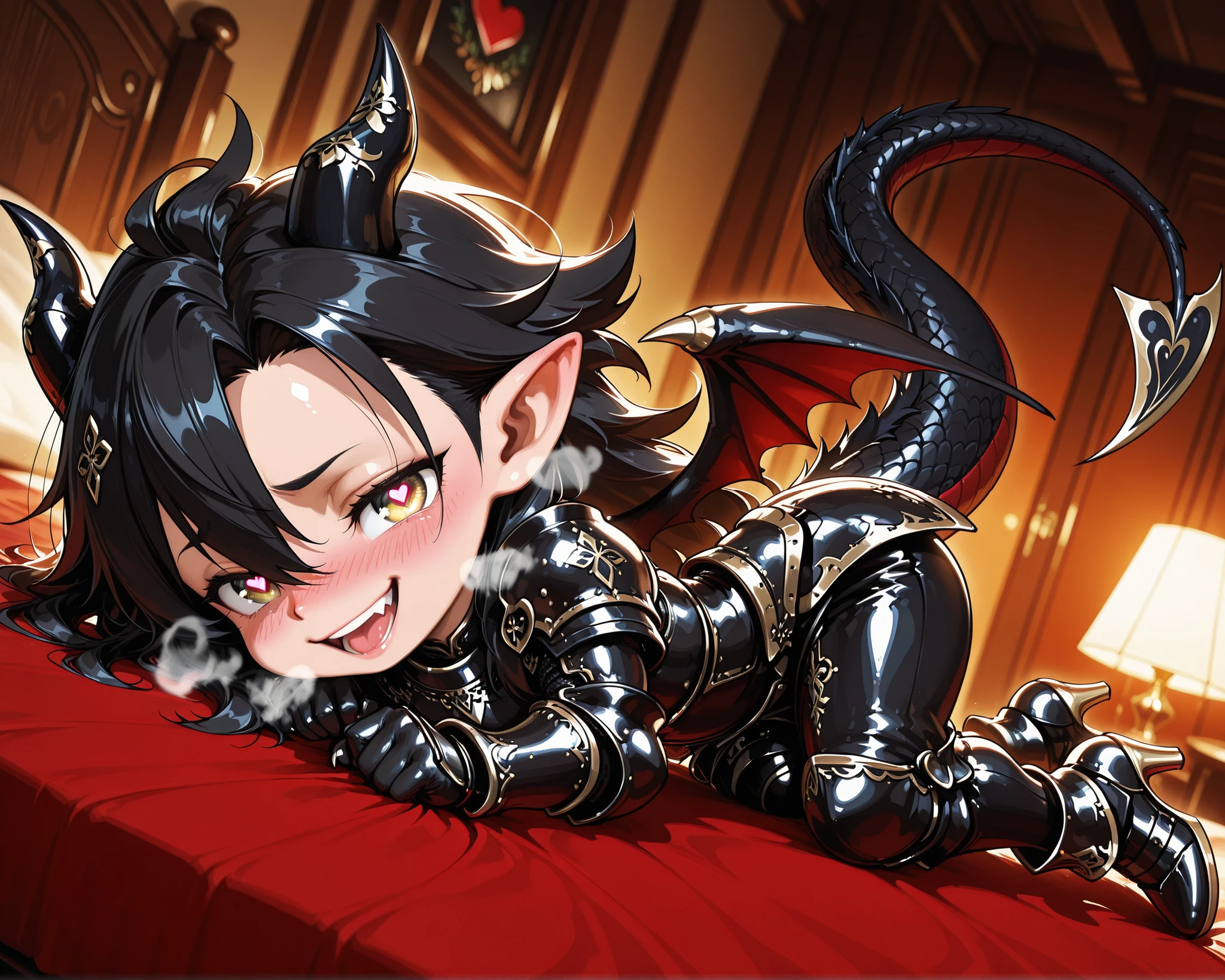 score_9, score_8_up, score_7_up, absurdres, (((128K Ultra High Resolution))), (masterpiece, best quality: 1. 5), (high definition: 1. 4), (highres), 8K wallpaper, (excellent graphics: 1. 5), CG, (((Japanese Anime style))), (chibi, super cute, super deformed: 1. 5), (SD character, shortstack, 2-head-tall: 1. 5), (tiny body, big round head, short limbs, round face: 1. 5), 1 boy\(very small kid), (solo), weredragon, glossy black, shiny black leather, (((beautiful golden eyes, finely detailed eyes, bright eyes, heart symbol eyes))), (hair between eyes, black hair, long hair, sideburns, wild hair), (((sadistic smile, naughty face, open mouth))), ((ultra detailed face)), (((blushing, heavy breathing, moaning))), long pointy ears, twisted torso, sculpted face, wasp waist, dragon horn, dragon tail, dragon wings, dragon sharp claws, (black armor with a lot of grandiose decorations: 1. 5), half dragon half human, (on a luxurious bed, lying in bed, bed waiting for you: 1. 5), (looking straight into the camera, dutch angle, fetal pose: 1. 5), (ultra detailed black armor, well-polished black armor: 1. 5), (gold-adorned armor: 1. 5), all black outfit, full body, sharp focus, good-looking man, (best illustration, highly detailed artwork: 1. 5), (((cinematic))), (intricate detail, extreme detailed, super detailed: 1. 5), (stark contrast, heavy shadows: 1. 3), detailed black decorations, beautiful & aesthetic, (from side), (mysteriously crafted black metal armor: 1. 5), thick & luxuriant hair, (ultra detailed fantasy black armor, wonderful black armor: 1. 5), (realistic metal texture), (extremely delicate & beautiful armor, elaborate armor details: 1. 5), (giant black armor, dark armor, stylized armor: 1, 5), (((armor-type high heels))), (extremely detailed armor with intricate engravings, intricate armor with gold ornaments: 1. 5), (((very gorgeous and dazzling))), (dark fantasy black knight: 1. 5), (Hyper Detailed & Perfectly Designed Black Armor: 1. 5), (luxury bedroom)