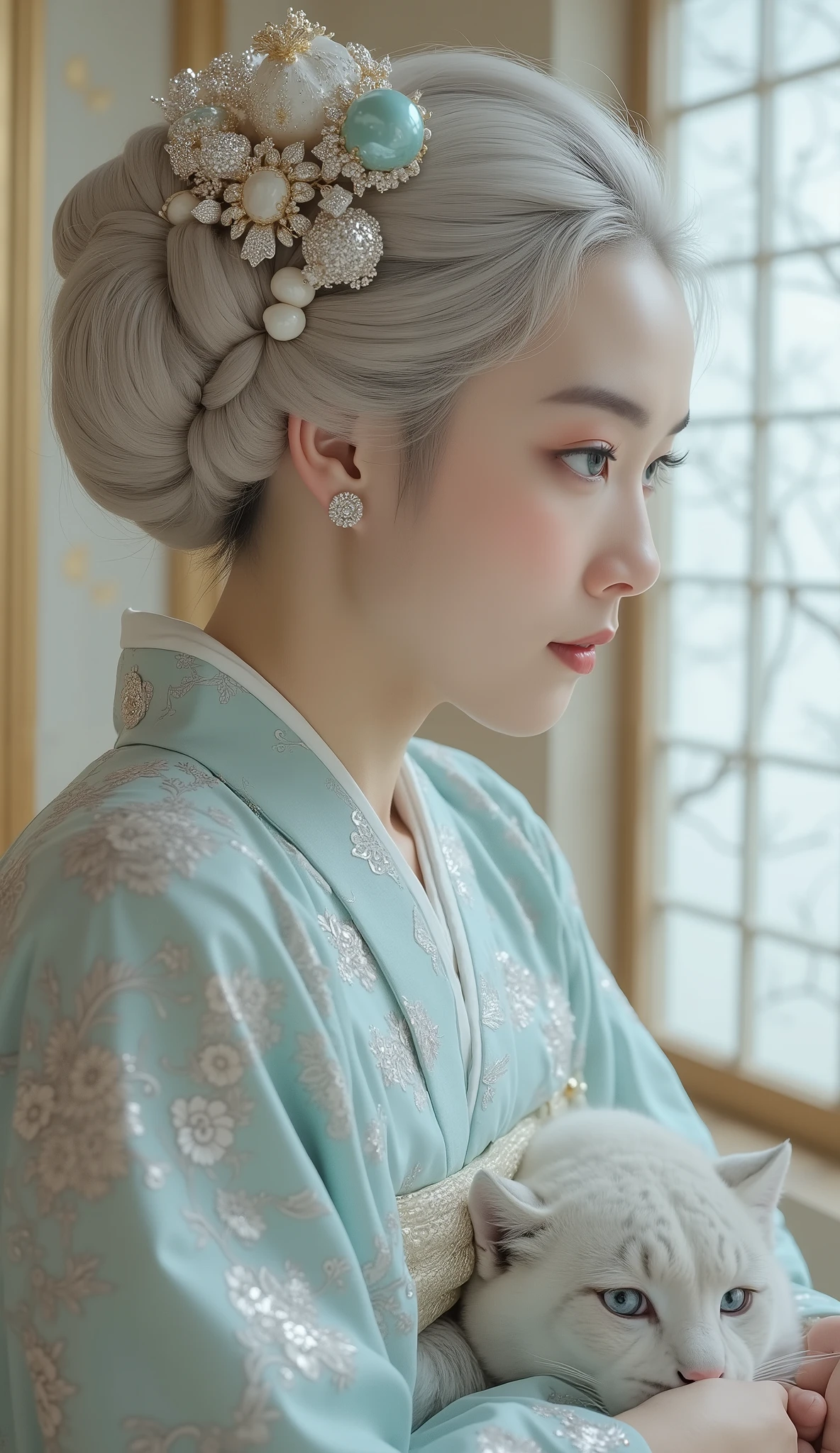 A close-up faced of solitary aristocrat with porcelain skin and vivid turquoise eyes sits upon gold-woven tatami in a pearl-white palace. With an enigmatic smile playing on her lips, she performs a tea ceremony using a jade bowl. Beside her, coiled like sculpted marble, rests a majestic ash-white snow leopard; its icy gaze mirroring her own.
Focus on the Braids:
Her hairstyle begins with classic ōdango buns at her temples, falling into two immensely thick ash-platinum braids that reach precisely to her waist. Each braid possesses astonishing density and volume, radiating a cool metallic sheen. Their texture remains distinctly rope-like – thick and tightly woven. They are secured at the base by elegant gold pins tipped with diamonds.
She wears a pristine gossamer-blue pastel kimono embroidered with silver eagles. A hyper-intricate ukiyo-e style fuses with cyberpunk elements. Volumetric light streams through mother-of-pearl screens, creating a subsurface scattering effect on her skin, the leopard's dense fur, and the metallic strands of the braids. 8K UHD, ultra-high definition, hyper-sharp focus on the dense volume of the braids and the leopard's claws. Zero blur. FLUX.