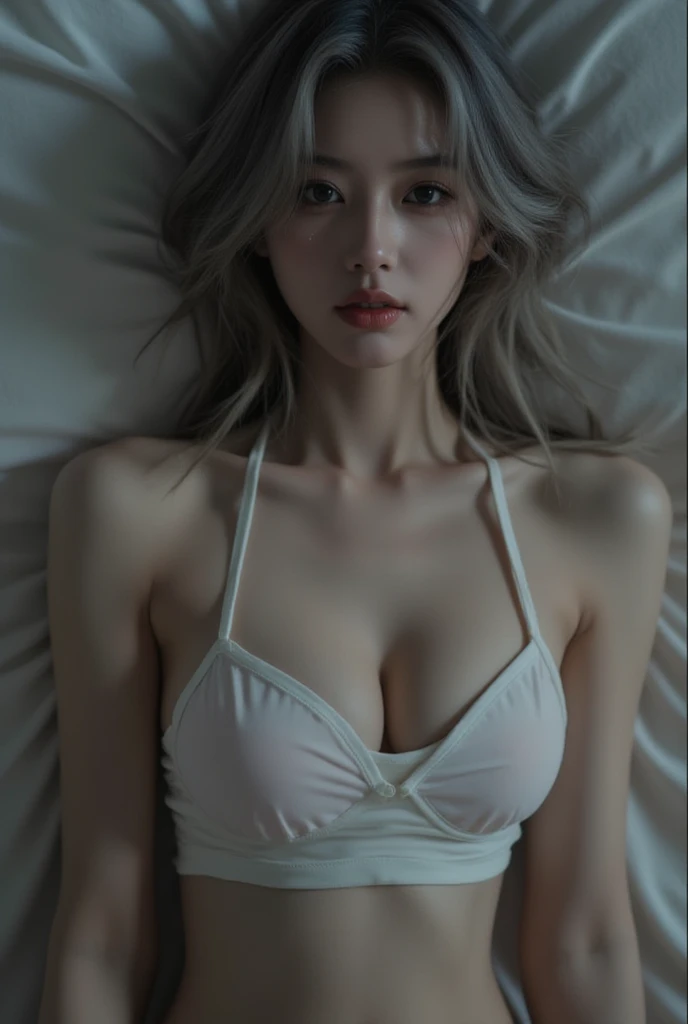 Top body shot of korean cute girl laying on back  , Big detailed eyetremely Long iriull round lips , Soft round face shape , Skinny, Young and beautiful, Long white hair ,  Award photo , Masterpiece, Raw photo , 64 k , Ultra detailed , ( View from above) ,    ((Realistic best quality)), ((Closed eyes))