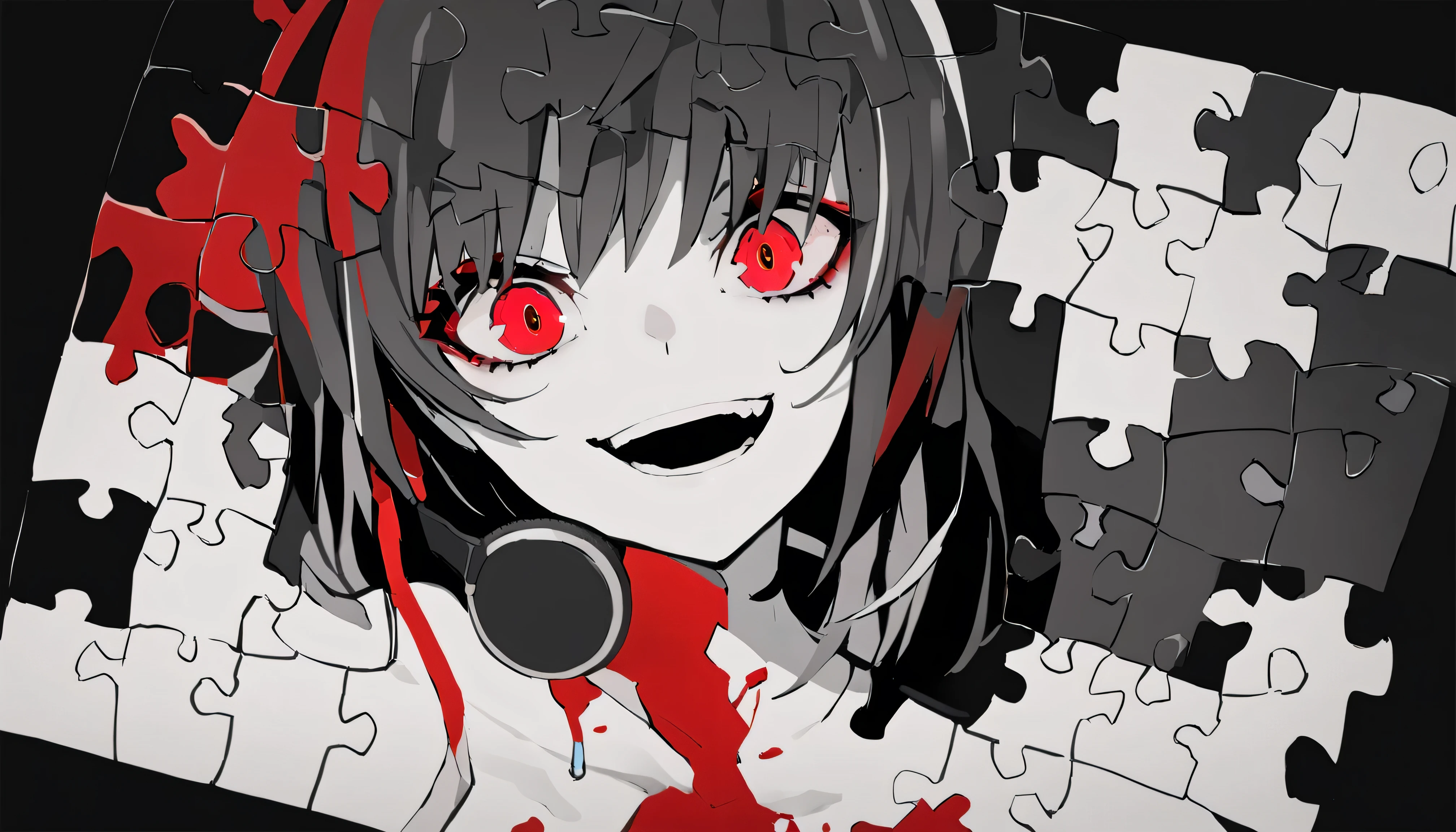 ((Background、jigsaw puzzle、Red Blood))、masterpiece, Highest Quality, ((1 girl:The arrangement is centered)),((Background、jigsaw puzzle、Red Blood))、Spikes, ((solo)), headphones , Crazy smile, , spiked Color, Illness、monochrome, 色つきのheadphones around neck,yandere, Black background, Color, watching viewers, bare shoulder, glowing red eyes, bandage、(hairstyle:unkempt)punk rock costume