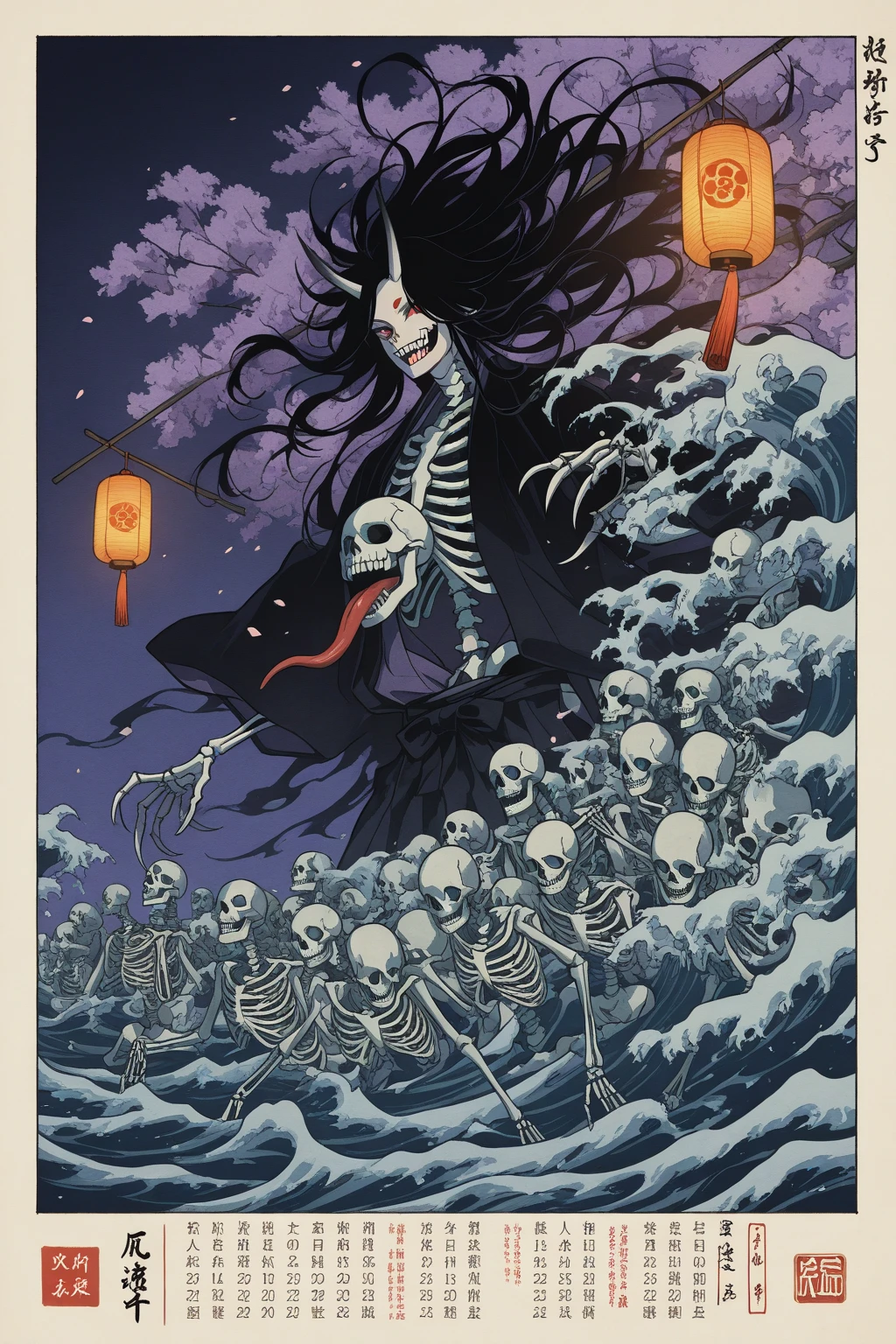 japanese line art    , a samurai( tied up  to a wooden steak with several arrows stuck in him,:1.2) lower body missing visible skeletal structure , ripped rags, rope and bloody ground, black skies and large moon , floral damask background ,  in the style of  takato yamamoto    , 