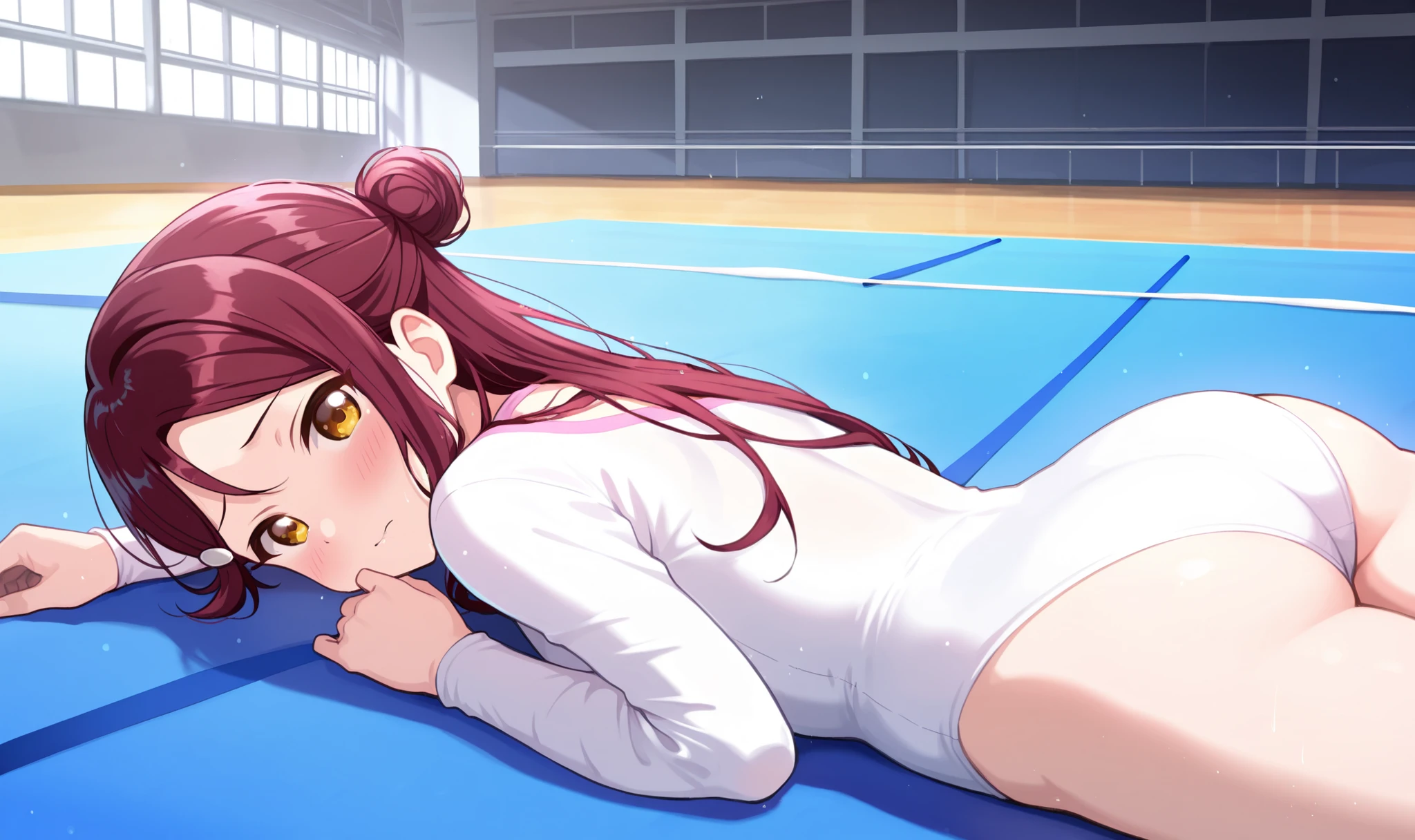 sakurauchi riko, 1girl, blush, hairclip, half updo, hair ornament, hair bun, white leotard, athletic leotard, long sleeve leotard, tight fitting leotard, , prone, on stomach, rhythmic gymnastics, gymnastics, looking at viewer, Gymnasium,rhythmic gymnastics, gymnastics, athletic leotard