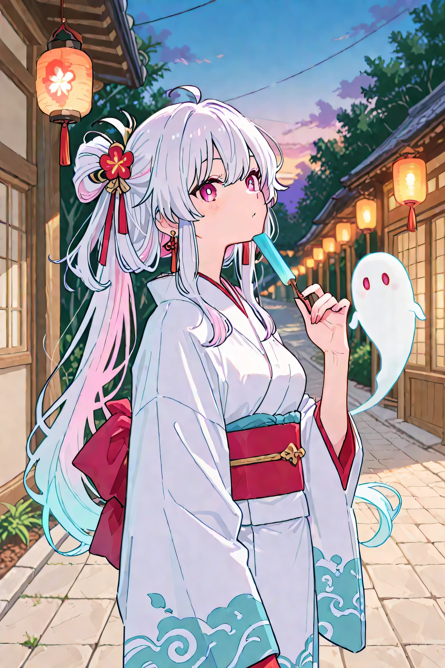 Hyakki Yagyagyayo、female ghost in kimono led、20th Generation、floating ghost、look at me provocative gaze、Path with lanterns、at dusk