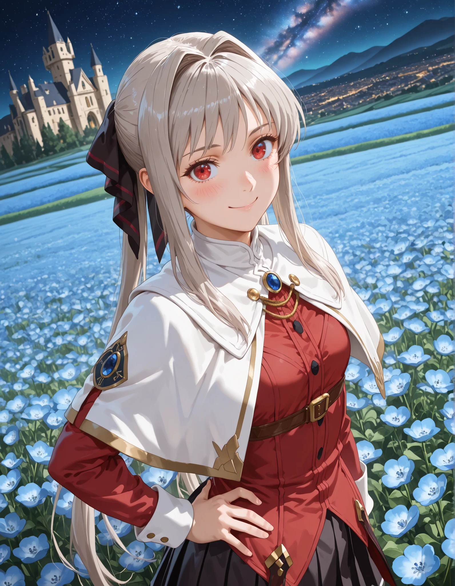 (masterpiece, Highest quality:1.2), alone, One girl, umpd gold ship, pillbox hat,Red dress,No sleeve, White Pantyhose, White gloves、boots, Horse tail,、grassland、Nature、blush、smile、summer、Sunset、(:1.2)、 are visible、Clothes are see-through、Cute pose