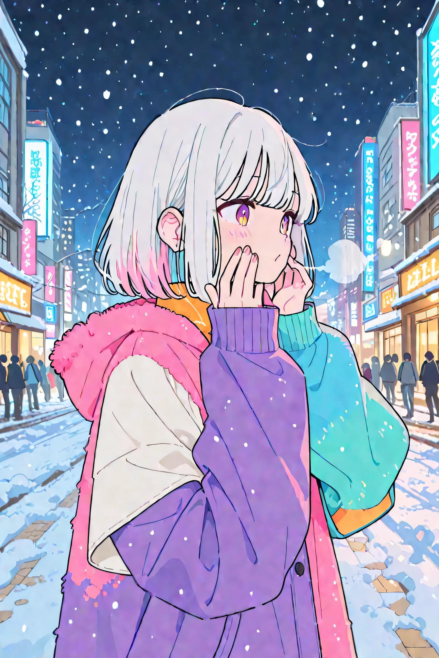 Emphasizing cute sleeves、Teenage Girls、Snowing city background(Outdoors)、Poses to hide your face with Moe Sleeves、 and lift your upper body、exhaling white breath、fuzzy clothes