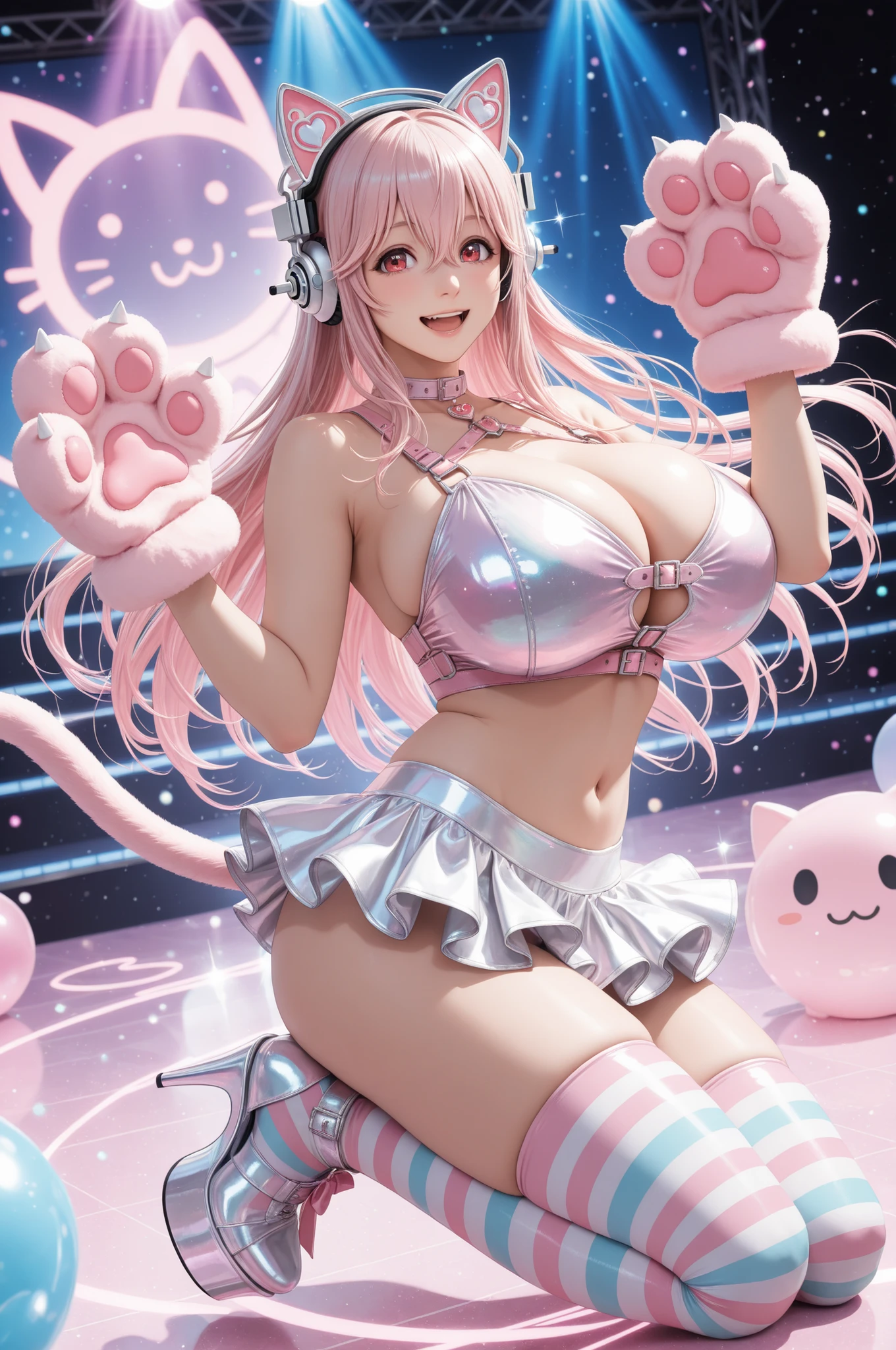 hyperdetailed drawing, perfect quality, high quality, masterpiece, absolutely eye-catching, absurdres, newest, detailed eyes, perfect eyes, realistic eyes, (beautiful and aesthetic), very awa, newest, cinematic light, pinup girl pose, 1girl, super sonico, long hair, pink hair, looking at viewer, smile, open mouth, hair between eyes, jewelry, very long hair, gradient hair, pink hair, white hair, full body, fake animal ears, pink cat ears, animal hands, large pink cat paws, cat claws, cat tail, gigantic breasts, frilly micro skirt, tight skirt, pink crop top, sleeveless, white skirt, silver headphones, red eyes, sparkle, floating hair, depth of field, white footwear, striped thighhighs, happy, light blush, light particles, silver trim, glint, platform footwear, pink harness, colorful, alternate costume, artistic background