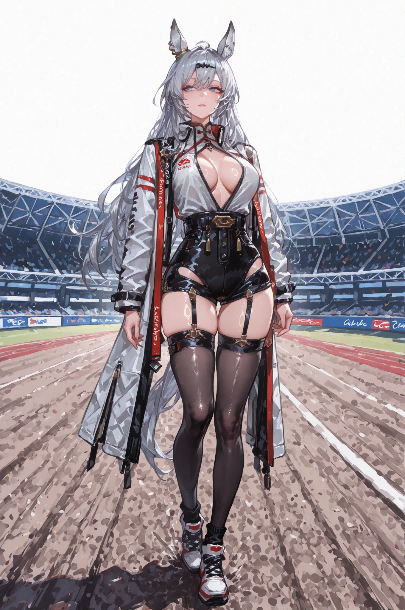 lawnの上、racecourse、緑のlawn、新緑のlawn、、Yee Xuan、Collapse Starrail、Racecourse、Uma Musume、horse ear、Jirio Mahonoko、 A sophisticated eye 、Full Body、GBF_style、748cm style for bigi、32K、Semi Realistic、  super detailed description on the front 、art work、Original Work、 Detailed Color、 detailed eyes、 detailed face 、Detailed Eyes、detailed eyes、Exquisite eyes, The best傑作、professional job、Beautiful , Lots of Piercings, pop art, shiny skin, realistic skin, The best, long hair, blue eyes,    cool look, narrowed her eyes, viewers, Silver Hair、lawn、Racecourse、Turf、Race Course 、Dynamic Pose 、緑のlawn,Racecourse、lawn、Black Knee Socks、緑のlawn、black hotpants、black hotpants、black tights、lawnの上、frustrated、Three-quarter sleeves、3/4 sleeve long coat、Red and white coat 、red and white two-tone coat、Garter Belt for One Leg、Yee Xuan、open  clothes