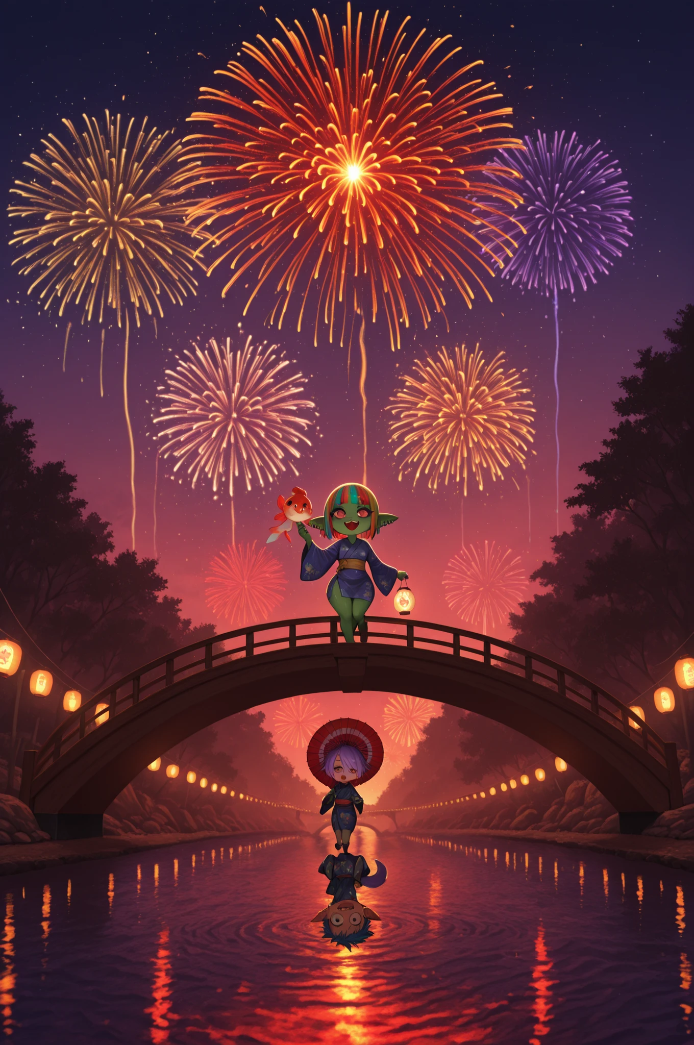 female punk, rainbow colors hair, very short hair, black eye , facial piercings, eye makeup, small breasts, meduim hips, (goblin girl:1.0) (shortstack:1.0) (green skin:1.0) (pointy ears:1.0) (wide hips:1.0)| Large fireworks blooming in the night sky over the Sumida River , A procession of hundred demons crawling out from under the bridge , The strange forms of the monsters illuminated by the light of the lanterns and fireworks , A goldfish lantern carried by a hitotsume-kozo , Fireworks reflected on the water's surface through which a kappa peeks , A summer night breeze with umbrella ghosts dancing , A fox girl in a yukata waves a fan , A festival float carried by a wild dog with its red tongue hanging out , The flickering red light of a lantern ghost , The expressions of the monsters highlighted by the flash of the fireworks , Blending in with the humans and peeking into the food stalls Zashiki-warashi , A gust of wind caused by a Tengu's fan , A monster float ridden by Nurarihyon , A water spray show created by a kappa , Oiwa's grudge rising in the air as a pale purple mist , A line of lanterns snakes across the bridge , A parade of one hundred demons illuminated by the light of fireworks , The lights of the night market and the mysterious lights of the monsters , A fantastical scene reflected on the surface of the Sumida River - an artistic perspective