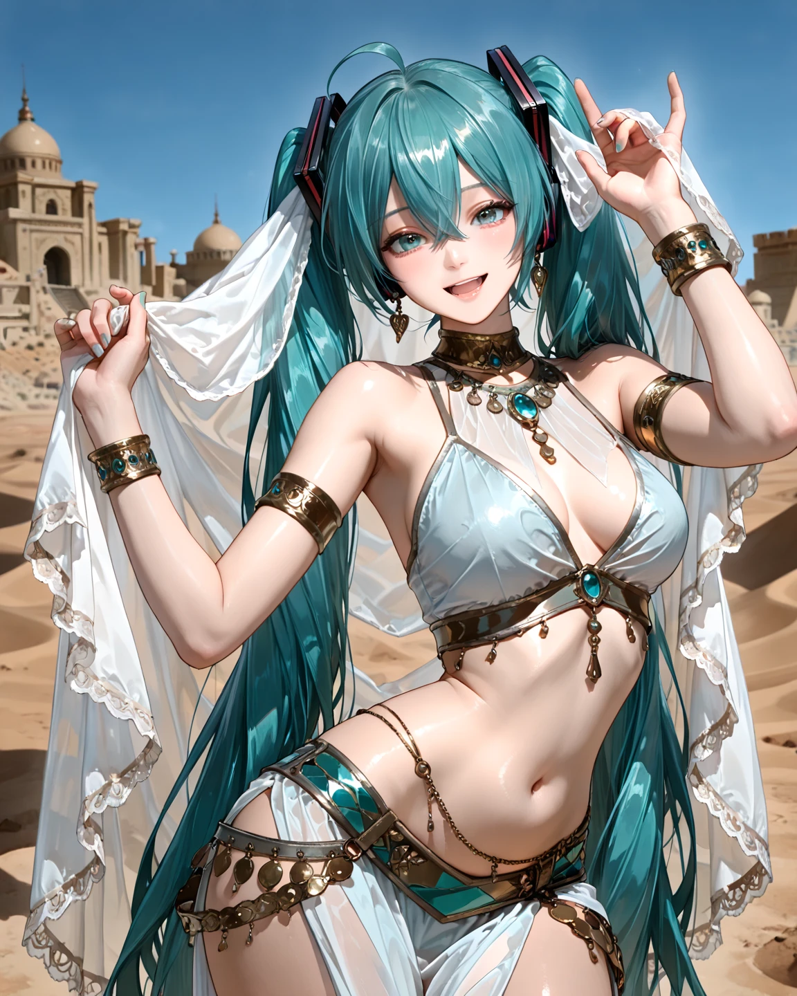 Blue Eyes、Green haired anime girl sitting on the beach with white sheets, In the desert, Somewhere in the desert, In the desert, In the desert, 静かな広大なIn the desert, Lying on the sand, Desert Fantasy, Snake Pose, In the desert, Cute 3D anime girl render, In the desert beside the gulf, Anime-style 3D