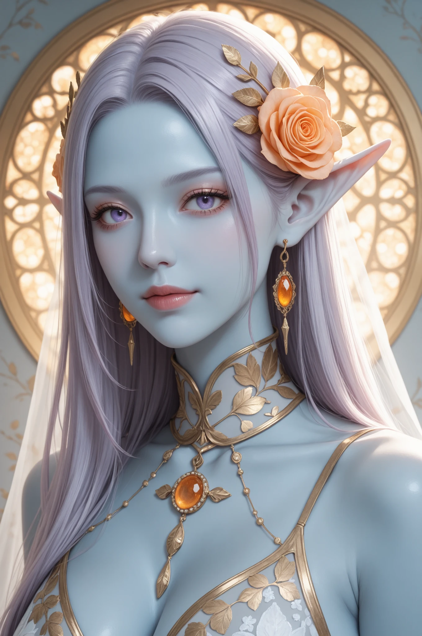 digital painting, blue skin, ethereal elf girl with long, flowing, light purple hair, wearing a delicate orange and rose-gold adornment in her hair and around her neck. Focus on soft, pastel, and muted colors with a light, whimsical style and detailed, realistic facial features, emphasizing soft highlights on the skin and hair and intricate, delicate patterns, holographic details, masterpiece, best quality,absurdres 