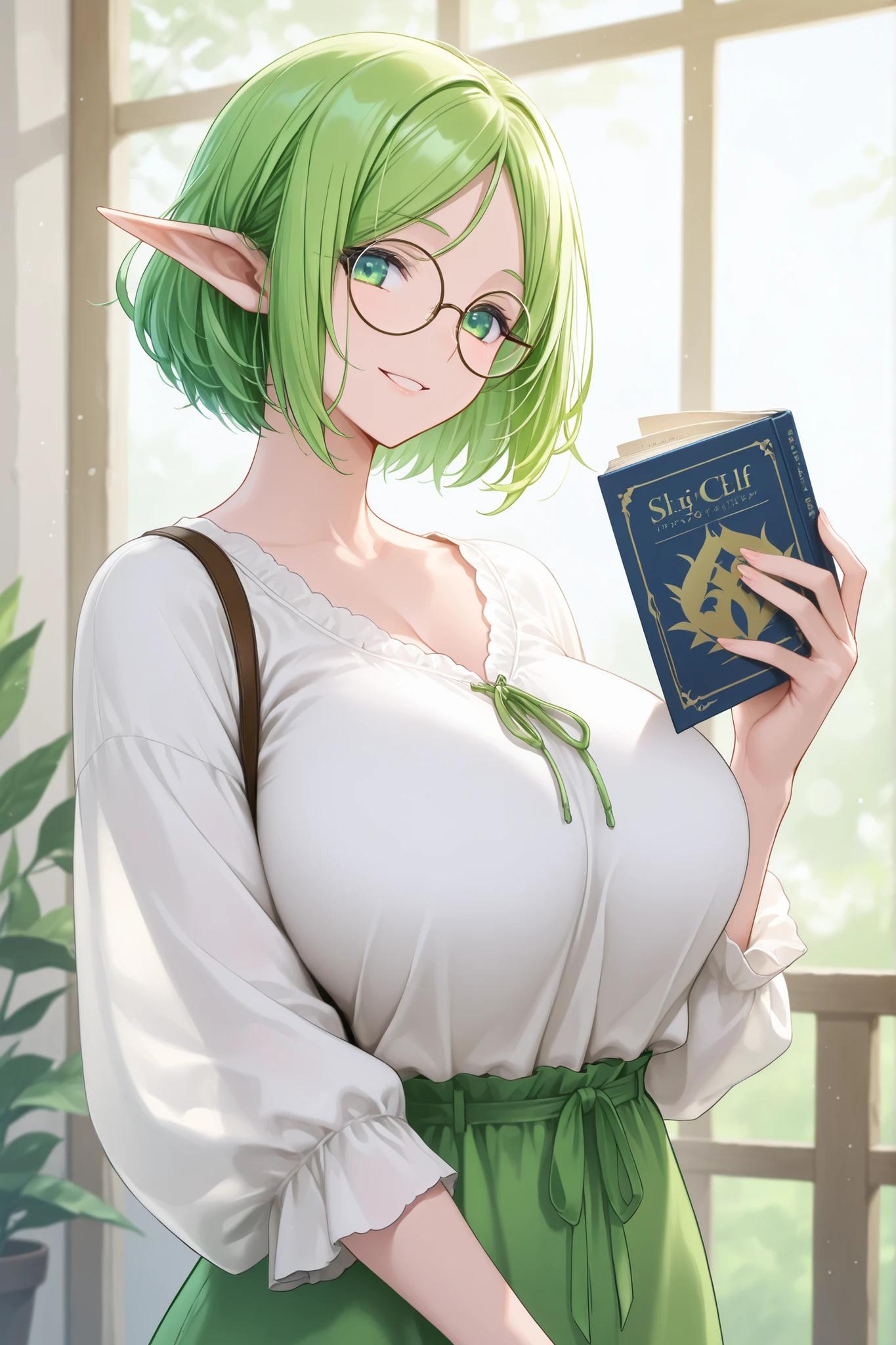 1 girl, green hair, short hair, green eyes, , elf, long ears, round glasses, casual clothes, smiling, holding a book, looking at viewer,
