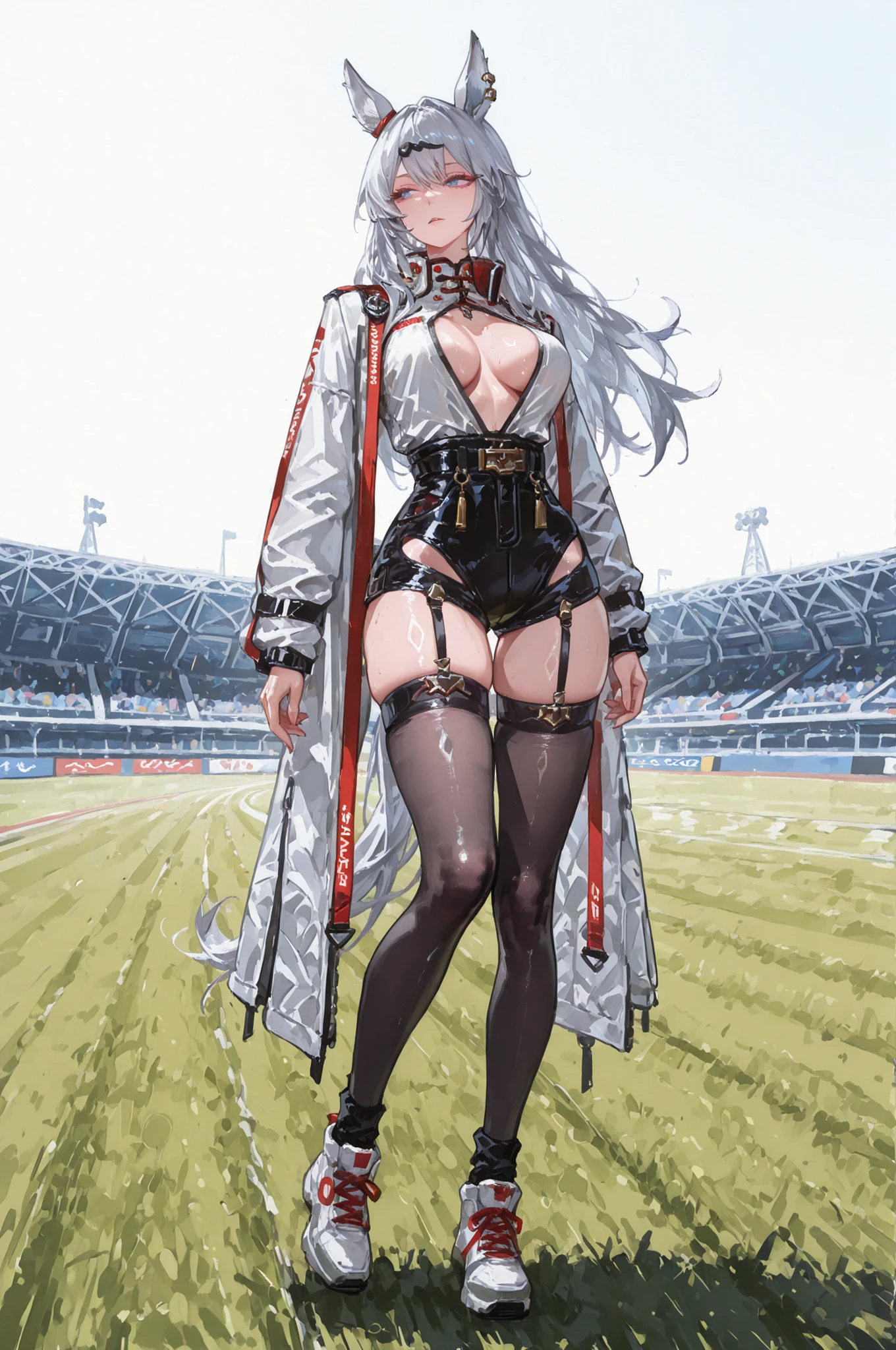 lawnの上、racecourse、緑のlawn、新緑のlawn、、Yee Xuan、Collapse Starrail、Racecourse、Uma Musume、horse ear、Jirio Mahonoko、 A sophisticated eye 、Full Body、GBF_style、748cm style for bigi、32K、Semi Realistic、  super detailed description on the front 、art work、Original Work、 Detailed Color、 detailed eyes、 detailed face 、Detailed Eyes、detailed eyes、Exquisite eyes, The best傑作、professional job、Beautiful , Lots of Piercings, pop art, shiny skin, realistic skin, The best, long hair, blue eyes,    cool look, narrowed her eyes, viewers, Silver Hair、lawn、Racecourse、Turf、Race Course 、Dynamic Pose 、緑のlawn,Racecourse、lawn、Black Knee Socks、緑のlawn、black hotpants、black hotpants、black tights、lawnの上、frustrated、Three-quarter sleeves、3/4 sleeve long coat、Red and white coat 、red and white two-tone coat、Garter Belt for One Leg、Yee Xuan、open  clothes