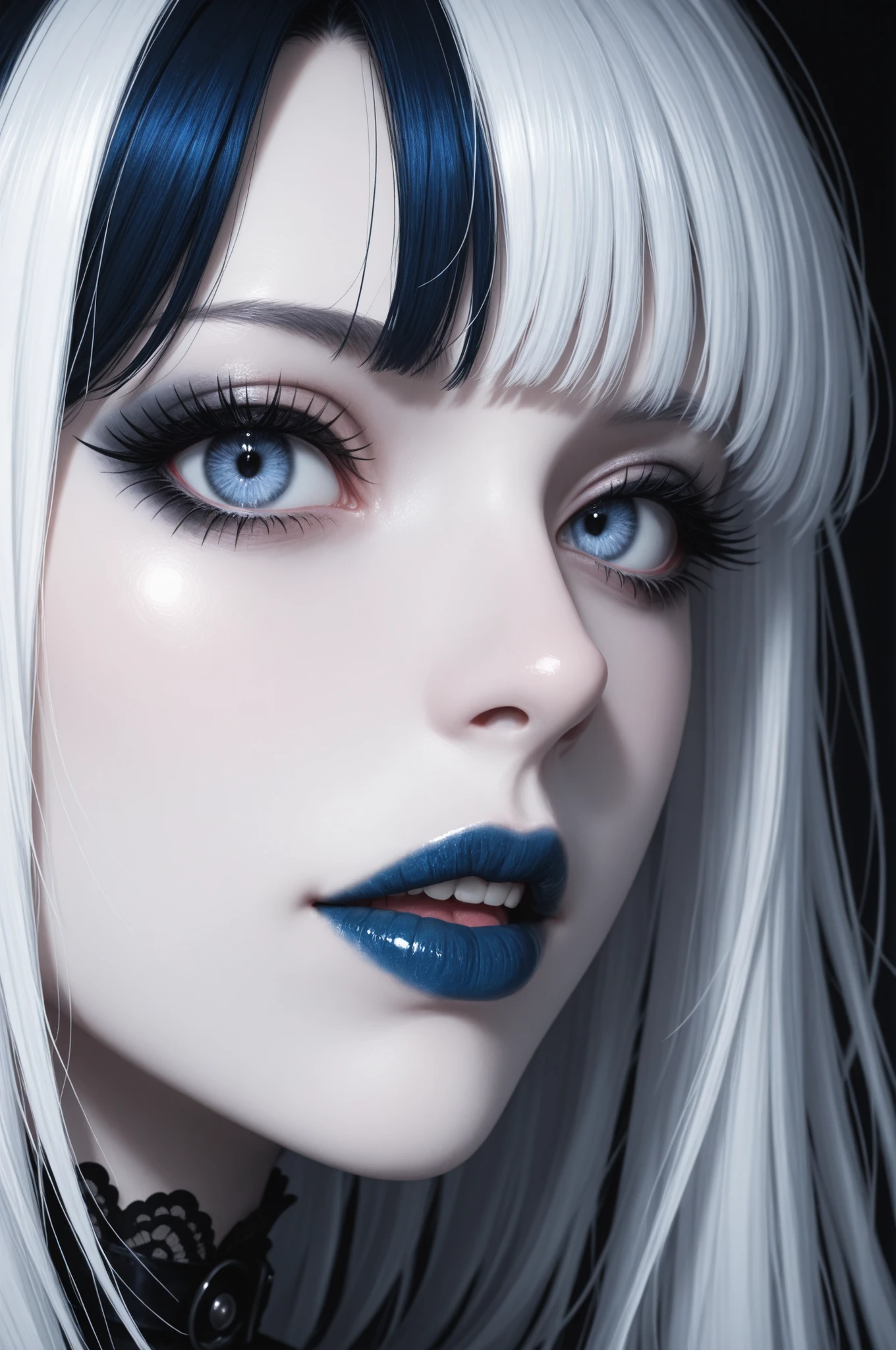 1girl, looking at viewer, close-up, split-color hair, blue hair, white hair, long eyelashes, goth girl, dark theme, moonlight, partially illuminated, pale skin, dark theme, blue lipstick
