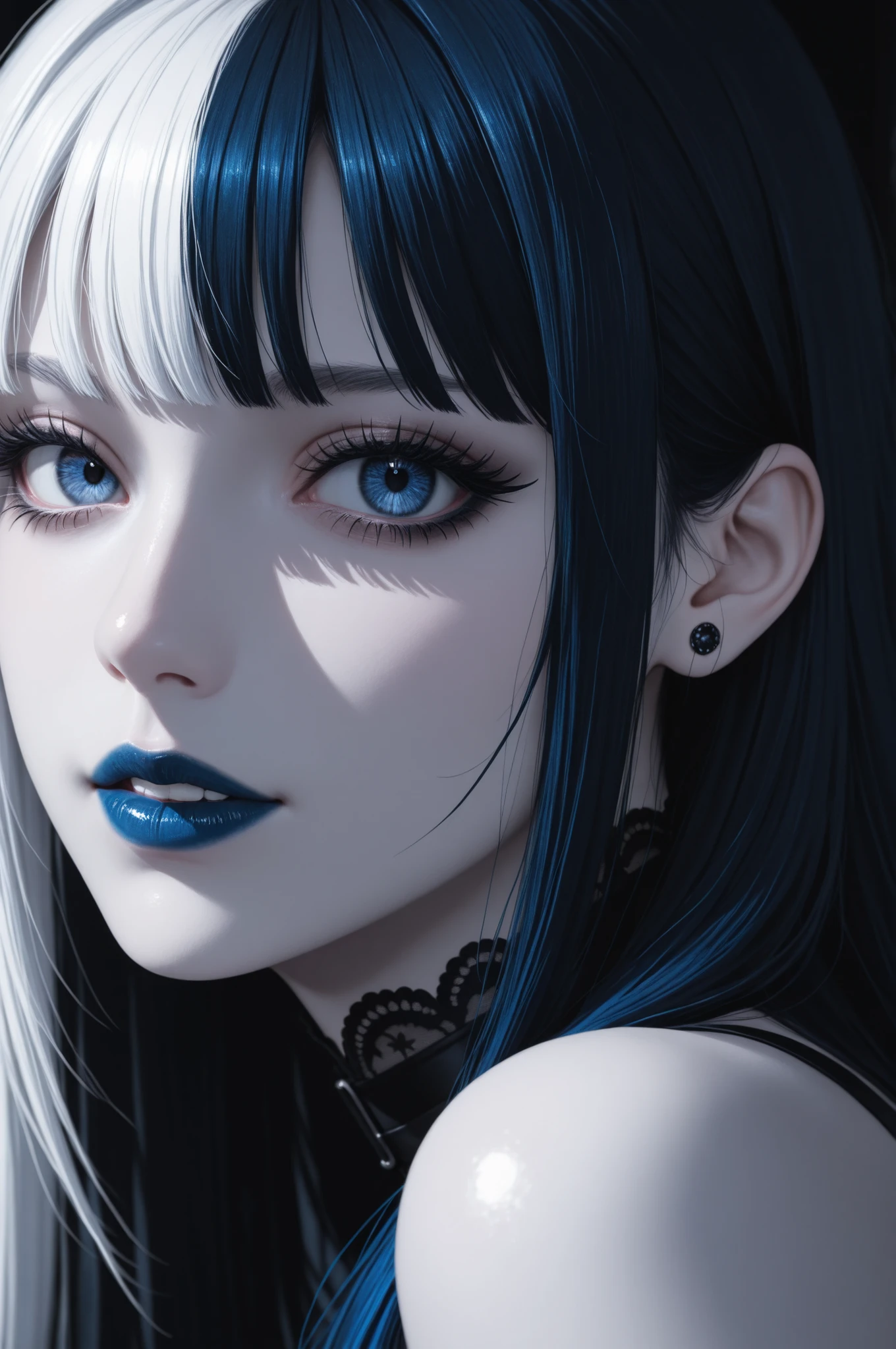 1girl, looking at viewer, close-up, split-color hair, blue hair, white hair, long eyelashes, goth girl, dark theme, moonlight, partially illuminated, pale skin, dark theme, blue lipstick

