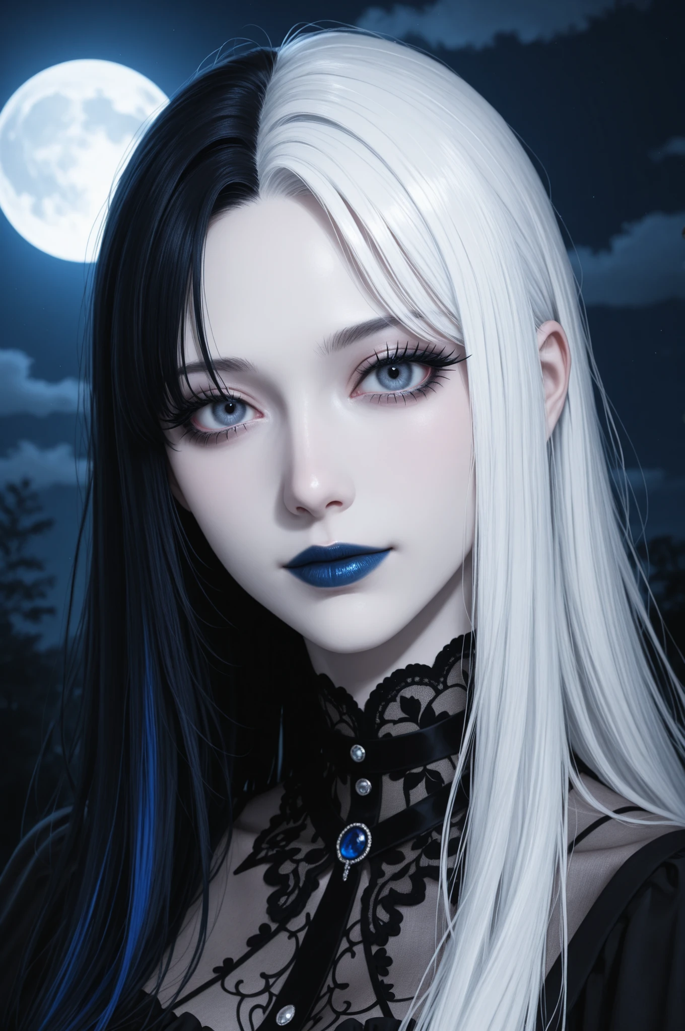 1girl, looking at viewer, close-up, split-color hair, blue hair, white hair, long eyelashes, goth girl, dark theme, moonlight, partially illuminated, pale skin, dark theme, blue lipstick