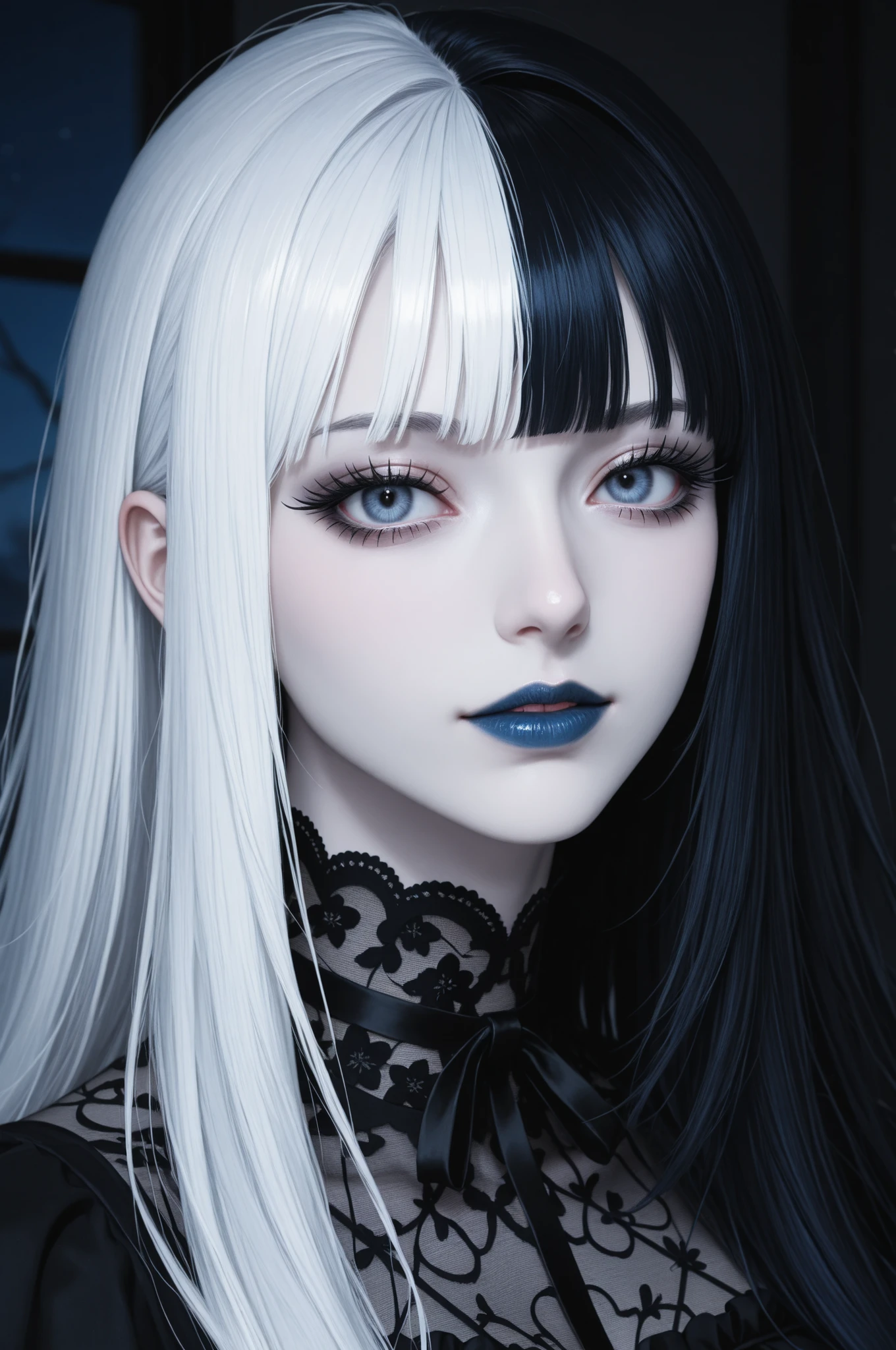 1girl, looking at viewer, close-up, split-color hair, blue hair, white hair, long eyelashes, goth girl, dark theme, moonlight, partially illuminated, pale skin, dark theme, blue lipstick
