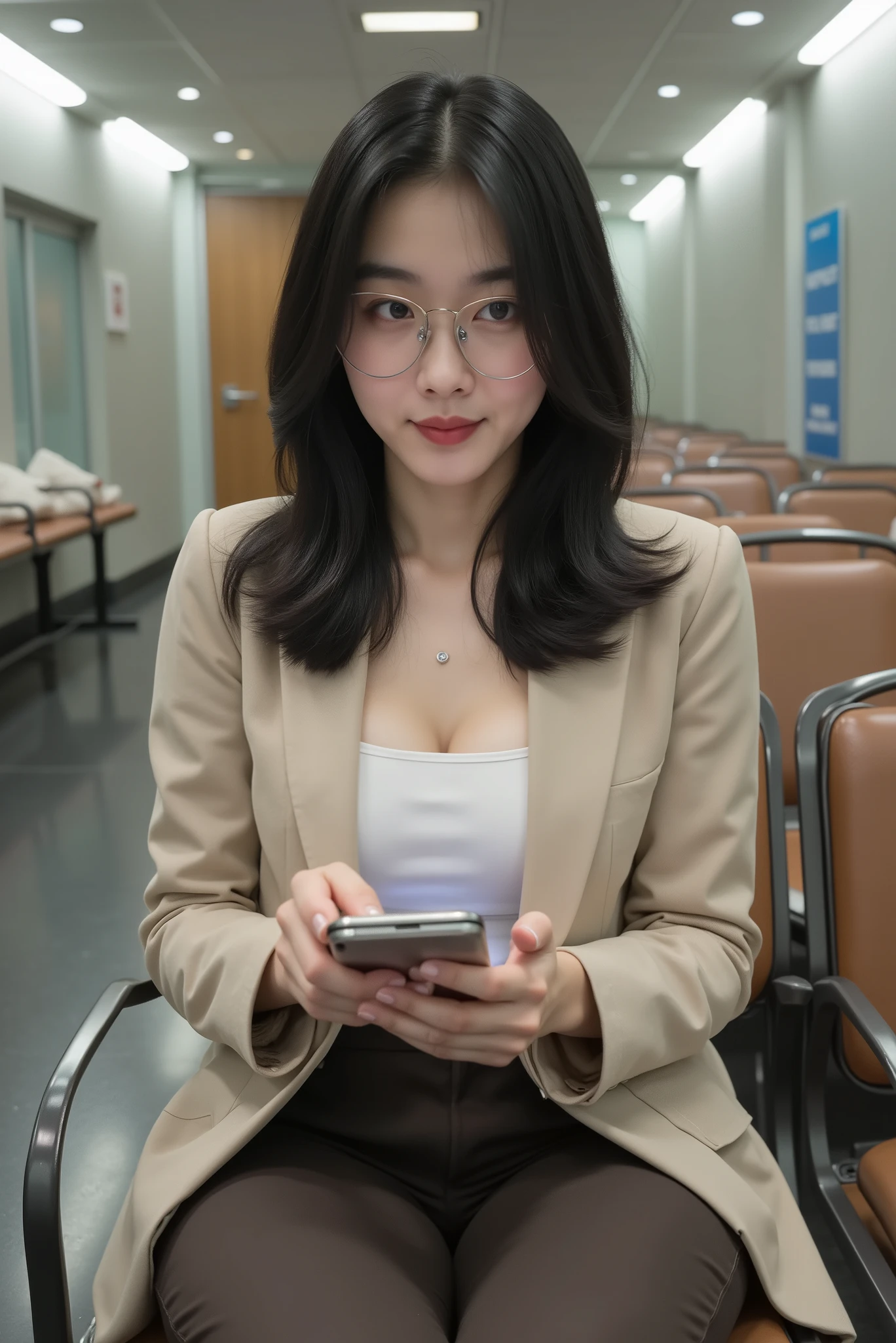 A high-resolution cinematic photograph of a 30-year-old Japanese woman seated in a waiting chair row inside an examination hall moments before questions are distributed, her East Asian features illuminated by soft neutral overhead lighting; she wears a beige no-collar jacket over a white T-shirt, paired with dark brown slim trousers, and a fine metal-frame eyeglass rests along her nose; shoulder-length wavy black hair cascades naturally, catching faint highlights from a side lamp; her right hand holds a smartphone at chest level, thumb gently tapping the glowing screen, left hand poised beneath for balance; her posture upright but slightly leaned forward, back barely touching the chair; beside her, a transparent file rests on the adjacent seat revealing papers within, and a silver water bottle cap glints faintly on the chair ahead; the wall bears a freestanding sign listing subject titles, its reflection mirrored on polished tiles; the composition is medium close-up from 45° front using a 50mm DSLR lens, depth of field shallow enough to isolate her hands and device; lighting balanced at 4600K with subtle backfill from corridor daylight, providing gentle contrast across skin tones and jacket texture; every surface—fabric seams, smartphone bezel, hair strands, sign typography—rendered in photoreal clarity; atmosphere: internal focus, controlled anxiety, a modern intellect poised for impact.