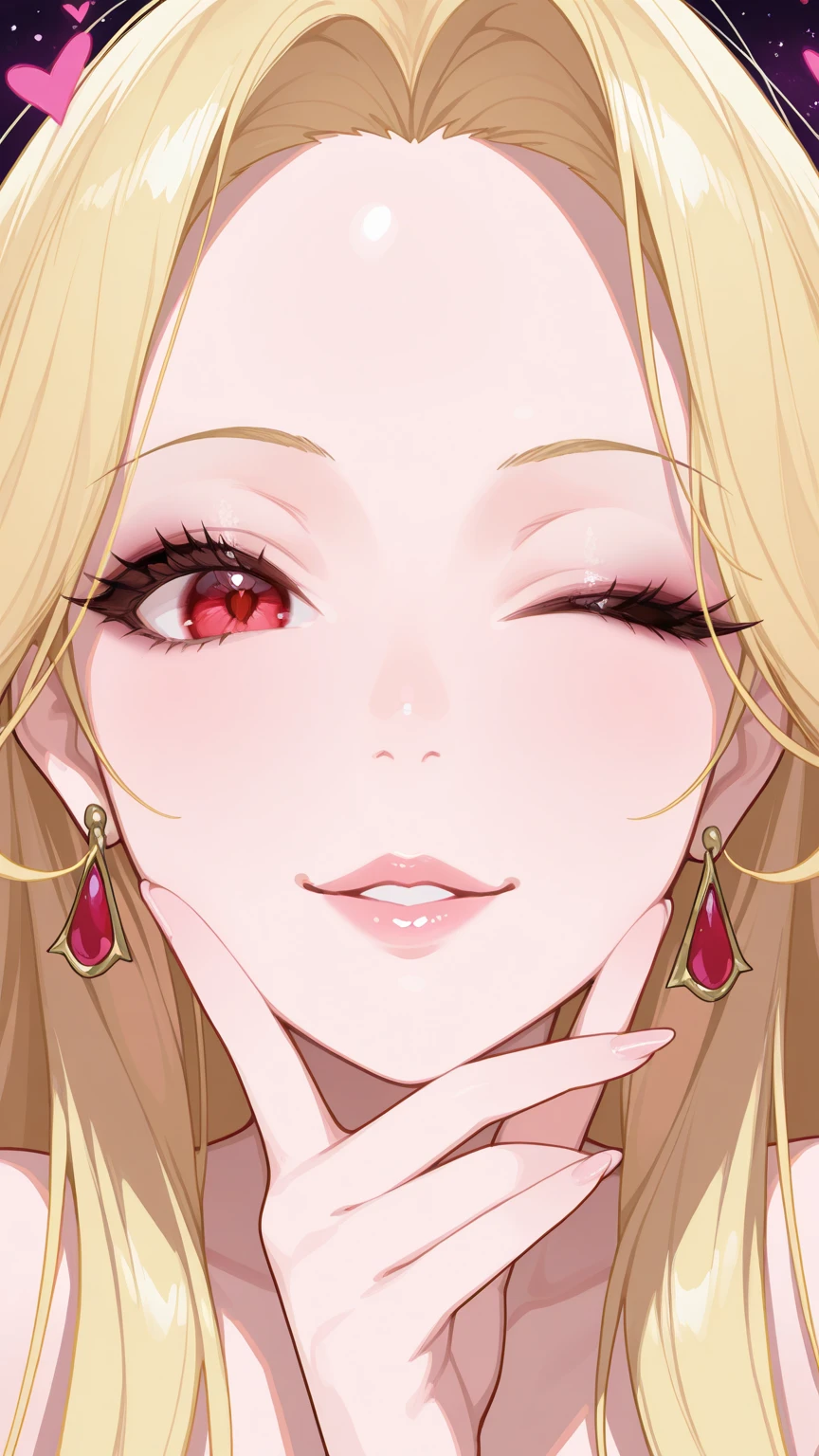 1girl, woman, adult, (lying next to me), smiling, blush, red lips, absurdly long hair, curtained hair, curly hair, blonde, yellow eyes, (pointy ears:1.4), bedroom, close up, ((modern)), (aesthetic photo), masterpiece, romantic vibe,