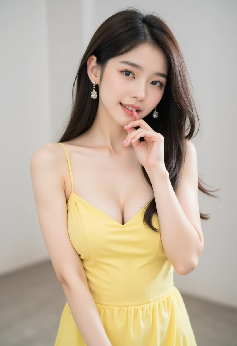 ((best quality, 8K, masterpiece: 1.3)), beautiful woman, pure, melon face, kind and cute, sweet smile, pure desire, slender body, (((Random body direction))), (tilted head), ((looking at camera)), pure desire, wearing a Transparent random color short dress, black silky long hair, long flowing shoulders, round black big eyes, clear big eyes, moist red lips, sweet, sitting in a lounge, Decorated with brightly colored flowers cafe window background, 28 years old, ((waist to head shot)), Bodies facing random directions, 
