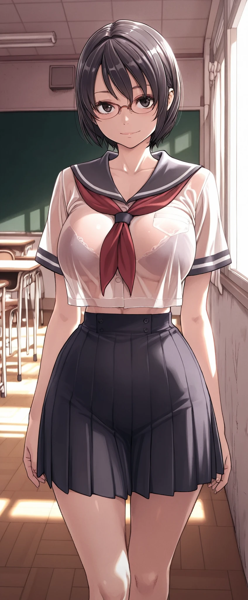 high definition,  Adult Female , Good Lighting, classrooms, (((School Uniform,See-through))), , Abdominal area only,   cute face creampied, , (thin waist)((short hair,dark hair)),Glasses