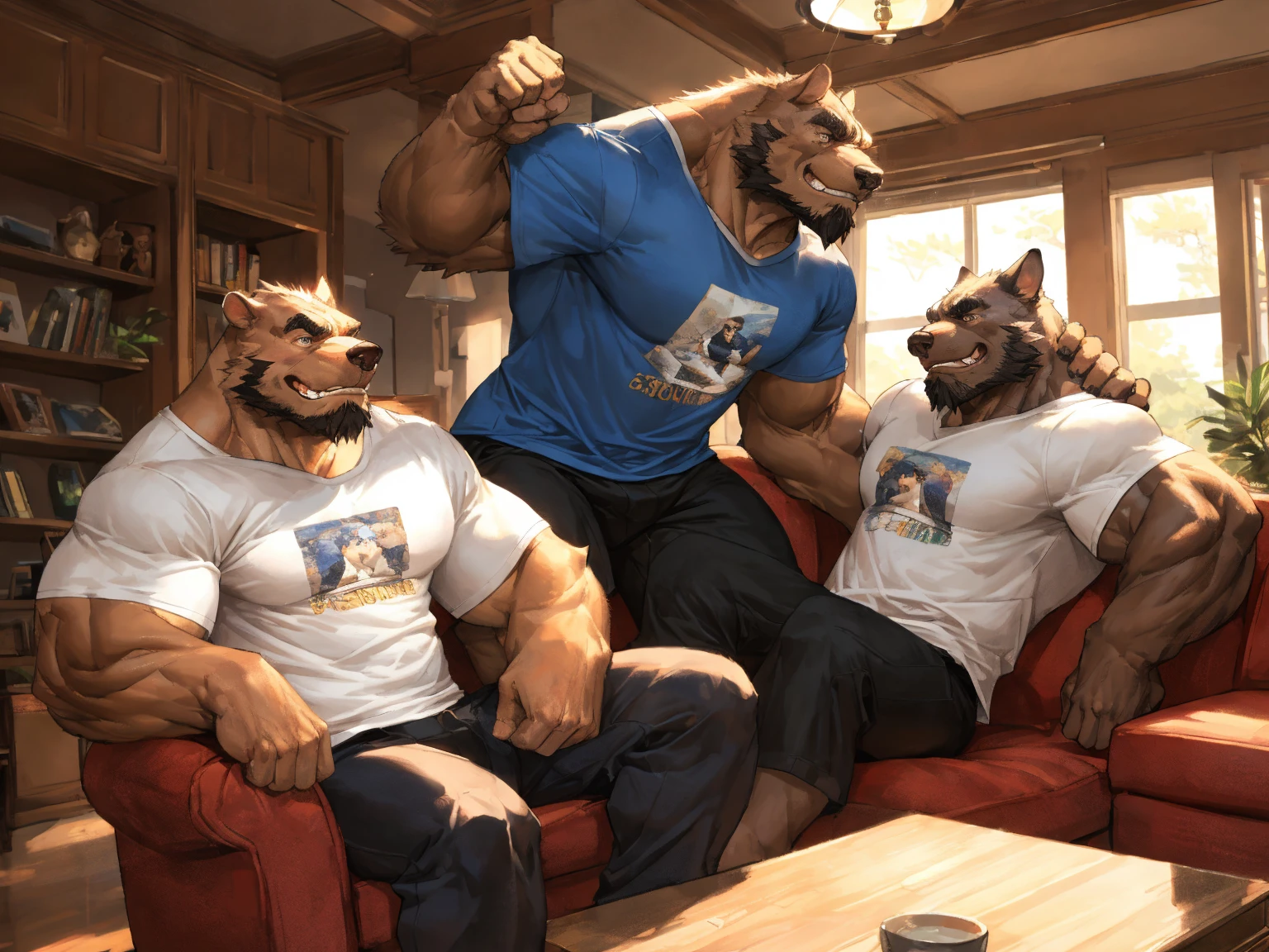 By dangpa, By daveoverlord, by kuulongarl, by takemoto, by kusunagi Huge muscular thick Bear bodybuilder in black gym shorts and wristbands doing pushups getting pumped, attractive guy, 8k furry art