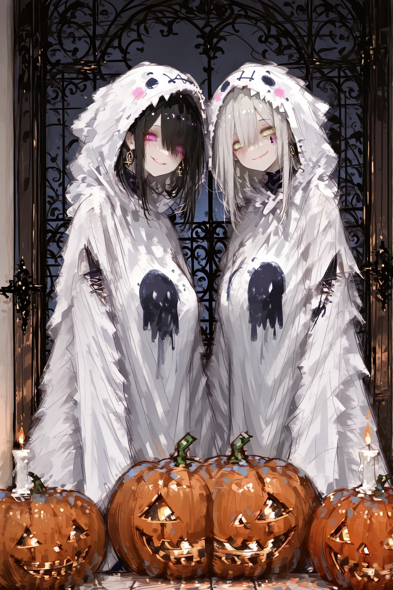 2 girl, huging, (masterpiece, detailed:1.2), highest quality, Ultra High Quality, 4k,
beautiful and charming ghost cosplay girl,
cute white ghost costume, upper body,
smiling expression,
standing beside a pumpkin lantern,
background is a Western-style mansion entrance at night, warm candlelight, gentle shadows,
refined and graceful Halloween night, fantasy yet tasteful design, SFW, solo,
clean line art, delicate shading, cinematic lighting, depth of field, soft tones, whimsical mood. symmetrical face, eyes closer together, correct eye distance, balanced face, symmetrical eyes,