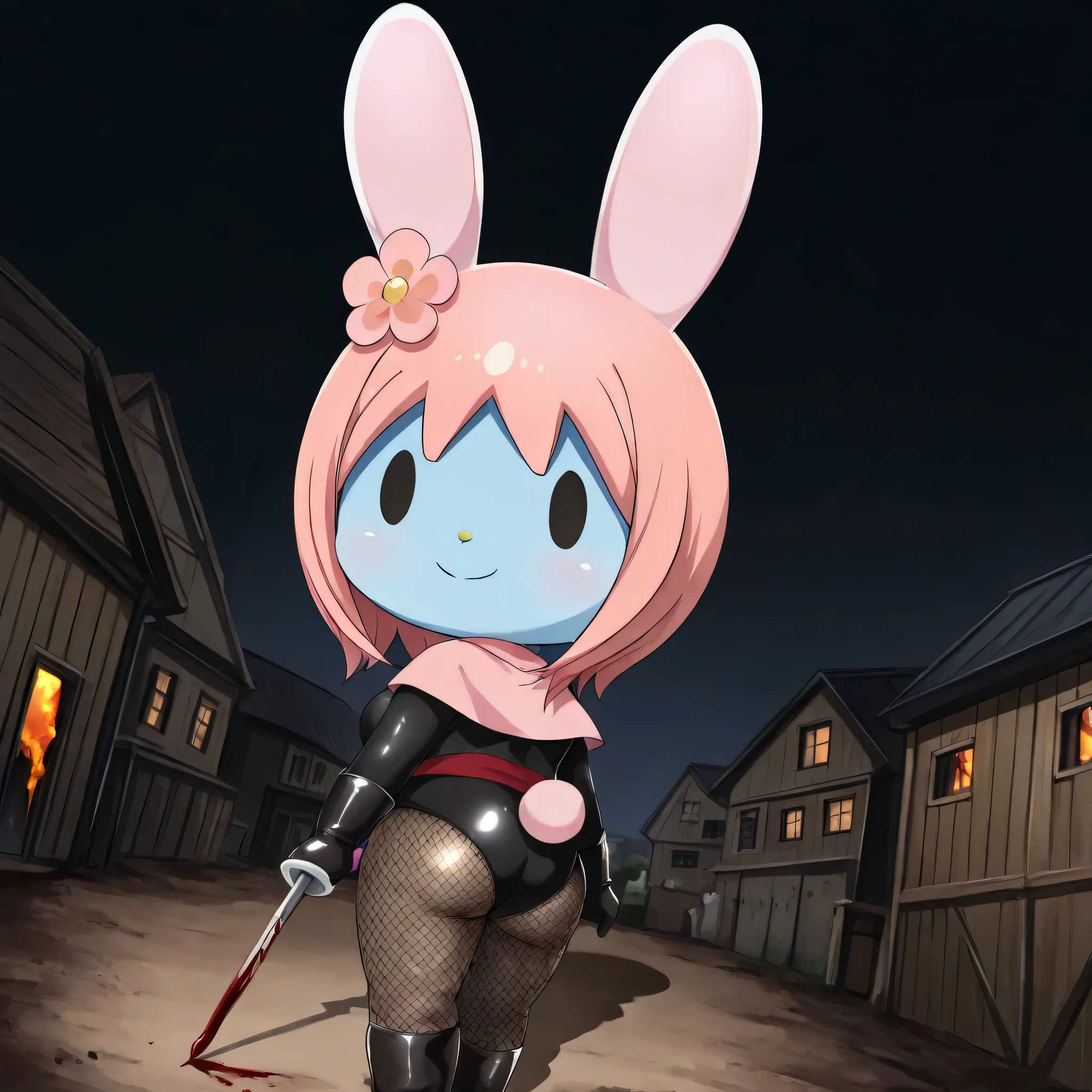 (((Masterpiece))), (((Best Quality))), ((Super Detail)), ultra-High resolution, score_9,score_8_up,score_7_up,score_6_up,score_5_up,score_4_up, BREAK, source_anime, anime screencap, uncensored, Masterpiece, (best shadow), (absurdres), (detailed background), (very aesthetic), detailed beautiful eyes, outstanding, an exquisite animation illustration, curvy, highres, shiny clothing, dark persona, empty eyes, blank eyes, shocker, black leotard, latex elbow gloves, brown fishnet pantyhose, blue skin, colored skin, red sash, makeup, red skin, (((solo, 1girl))), hair ornament, seductive pose, submissive pose, anime style, anime coloring, animification, megami magazine, sexy pose, dynamic angle, cinematic angle, dutch angle, small breast, (((mymelo, flower, pink flower, furry, pink capelet, solid oval eyes, black eyes, chibi, feral, no hair, pink bunny ears))), smile, ass, from back, from behind, looking from back, view from back, sideways glance, outdoor, village, blood splatter, gore, apocalyptic, burning village, dark theme, horror theme, night, holding weapon