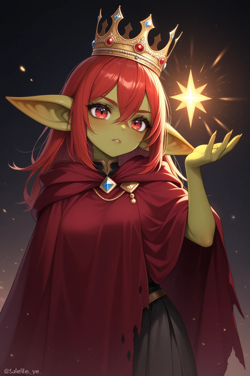 goblin enginner, red hair, golden eyes, green skin, full body art