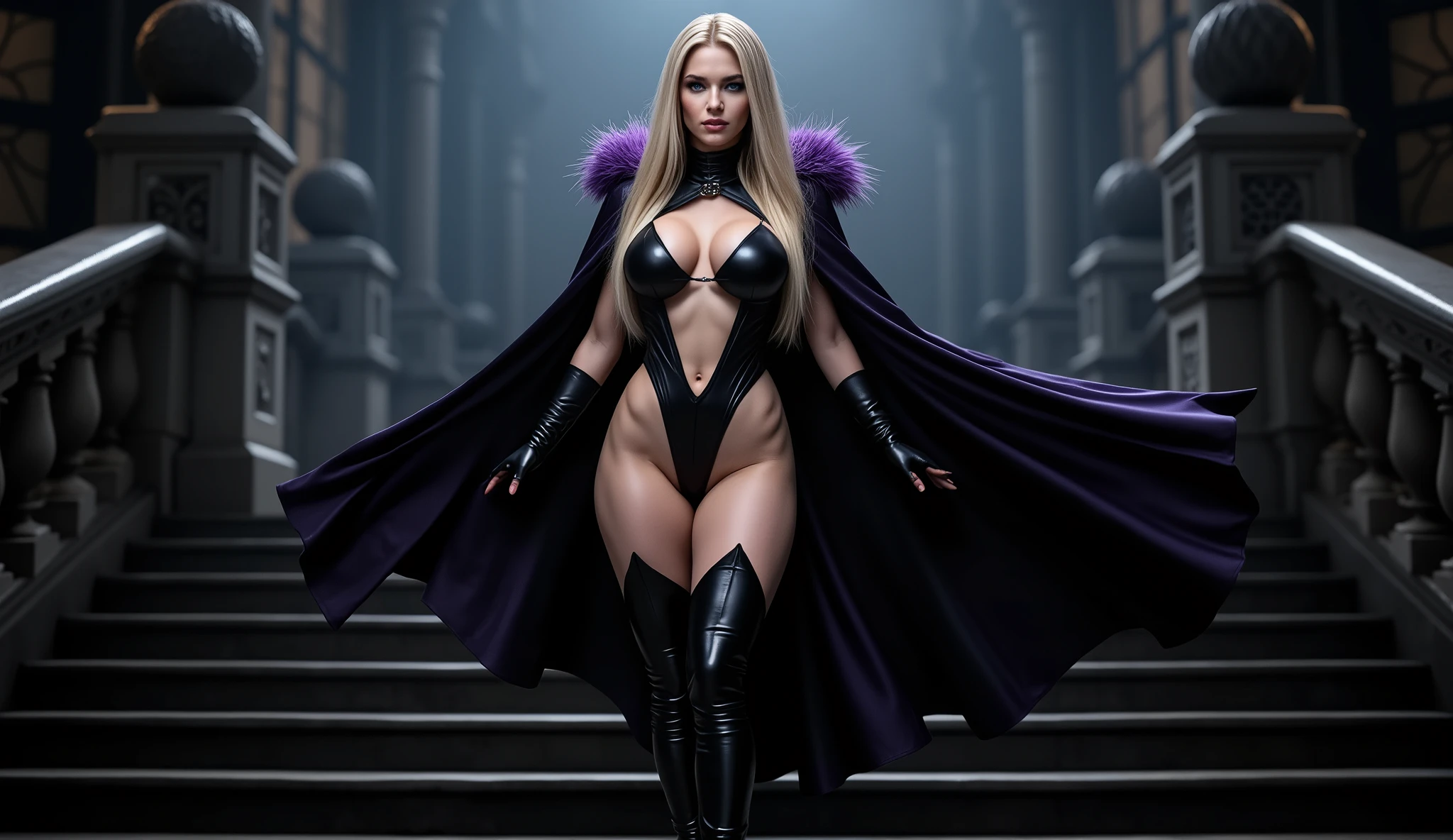 Ultra realistic full view A powerful and confident female vampire standing in a dynamic pose, full body. She has long flowing blonde hair, pale flawless skin, piercing blue eyes, and a bold expression of confidence and allure. She wears a sleek, black, glossy costume with a plunging neckline and bat-like motifs, high black shiny boots very large lifted , Perfectly Round with deep cleavage, paired with long gloves and a dark cape lined with purple and feathered at the collar, outfit, Her outfit is a bold, perfect round bubble . The lighting is vivid and dramatic, emphasizing her curves and the shine of the costume. Background standing on a long stairway in her Gothic Castle on a dark night as the very long sweeping cape billows far out on each side.